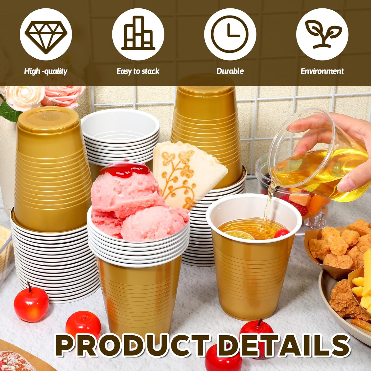 100 Pack 18oz Gold Cups, Disposable Plastic Cups Graduation Cup Disposable Drinking Cup Bulk for Wedding Birthday Beer Taste Serving Snack Sample Tastings Barbecues Picnic Celebrations - Image 3