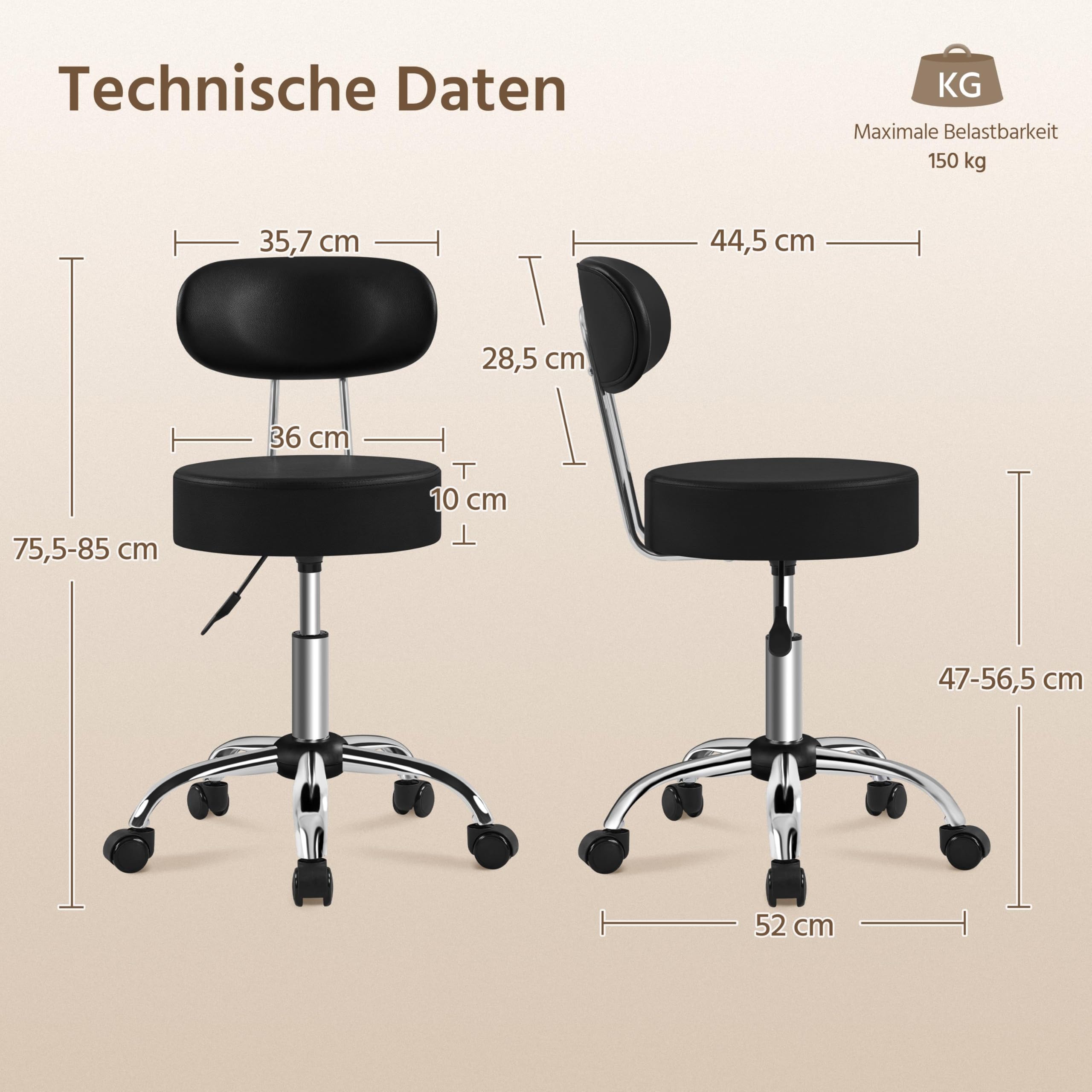 Yaheetech Rollhocker Arbeitshocker mit Rückenlehne Höhenverstellbarer 75.5-85cm,Drehhocker mit Rollen,Abnehmbare Rückenlehne,10 cm Dicke Polsterung,Schwarz