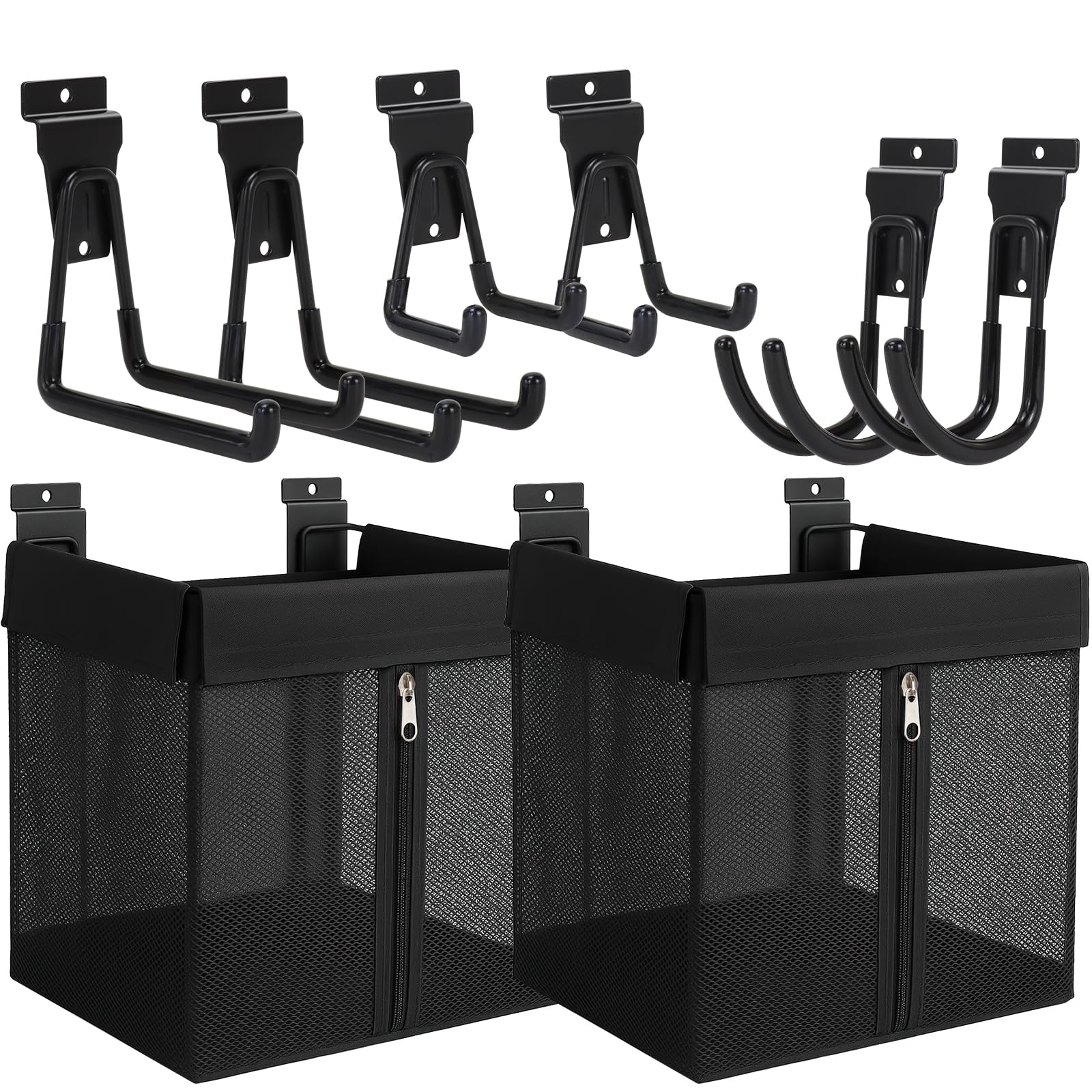 2Pcs Slatwall Basket with Zipper 41x38 x28 cm, 6Pcs Heavy Duty Slat Wall Hooks, Slatwall Accessories Set, Wall Mounted Storage Basket for Garage, Gym, Shop or Shed