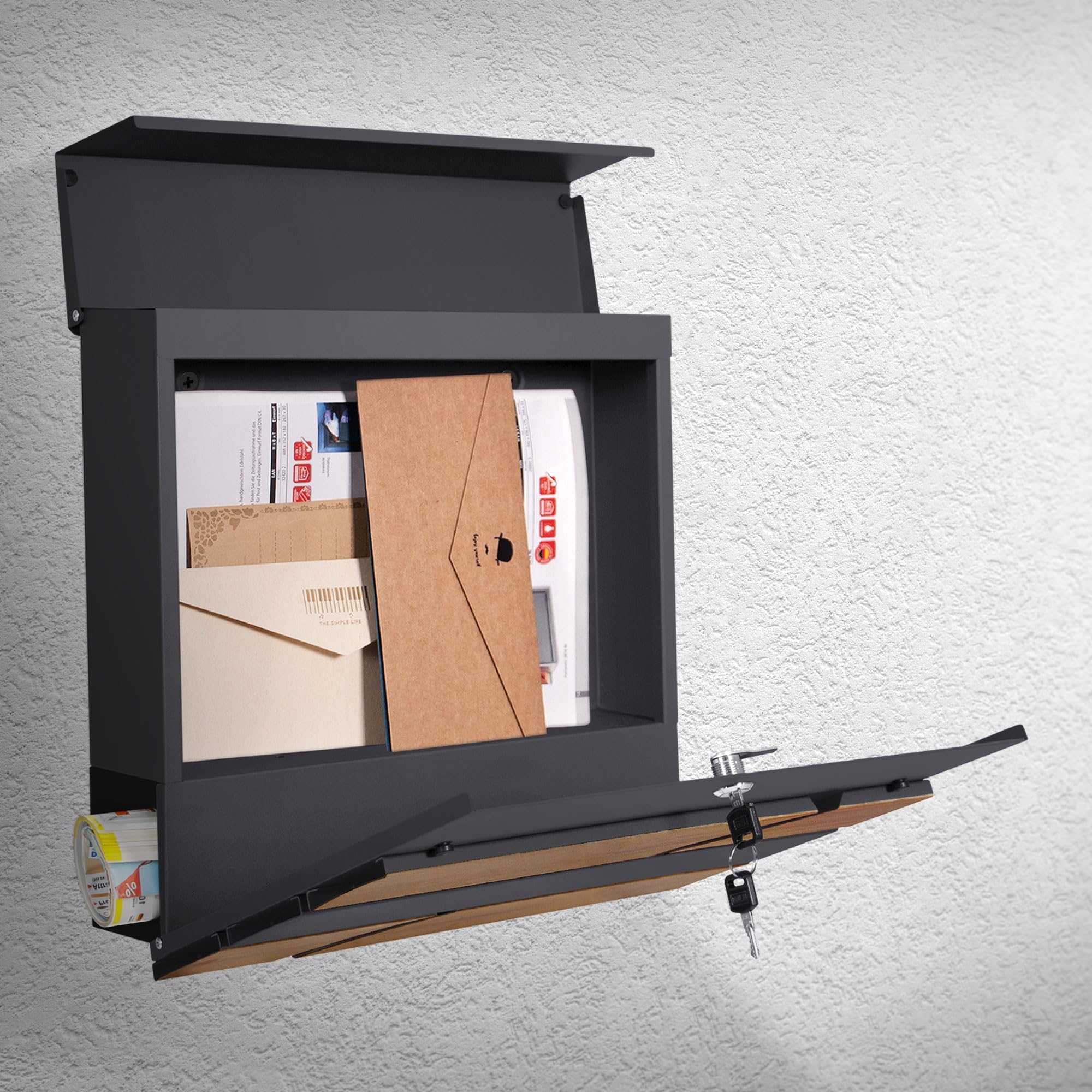 ML-Design Buzón De Correo con Compartimento para El Periódico 37x37x11cm Acero Antracita Natural Aspecto De Madera Cerradura con 2 Llaves Solapa De Cierre Total Moderno Montado En La Pared Exterior