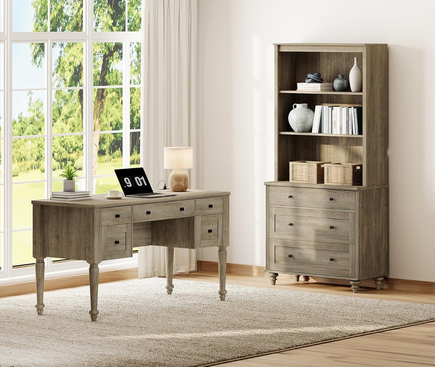 WAMPAT Home Office Furniture Set, 56'' Executive Desk with Charging Station, 72" Tall Bookcase with 3 Drawers, Wood Computer Desk with File Cabinet Storage, Open Shelf, Wash Grey