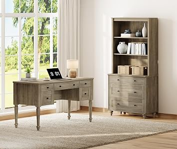 WAMPAT Home Office Furniture Set, 56 Executive Desk with Charging Station, 72" Tall Bookcase with 3 Drawers, Wood Computer Desk with File Cabinet Storage, Open Shelf, Wash Grey