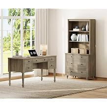 WAMPAT Home Office Furniture Set, 56'' Executive Desk with Charging Station, 72" Tall Bookcase with 3 Drawers, Wood Computer Desk with File Cabinet Storage, Open Shelf, Wash Grey