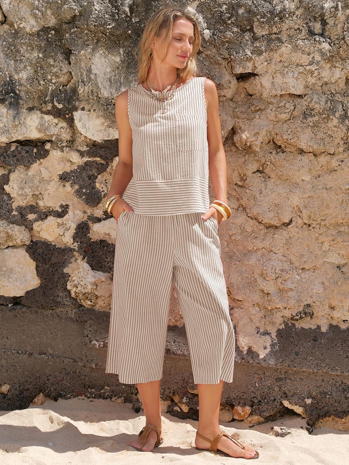EXLURA Womens Summer 100% Cotton 2 Piece Outfits Striped Sleeveless Top Capri Wide Leg Pants Sets Faux Linen Beach Vacation - Image 4