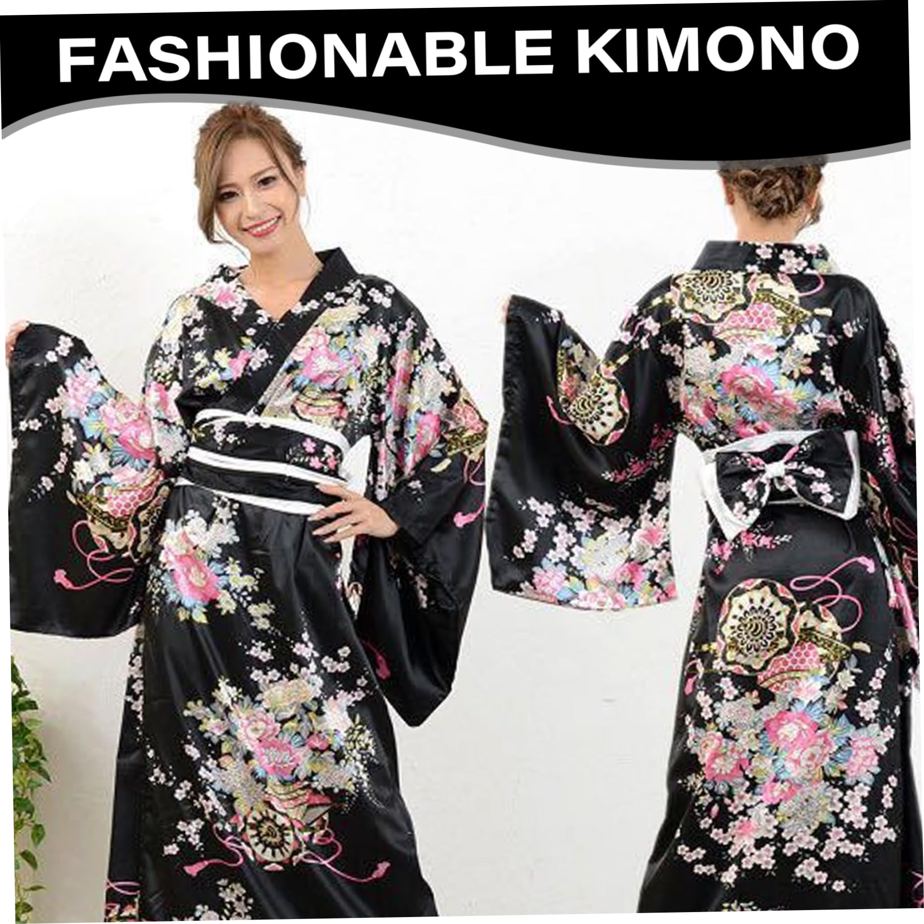Yukata para Mujer, Kimono japonés con Estampado Floral, Sedoso, cómodo y Agradable para la Piel, con cinturón, Estilo Tradicional de Kioto, Ideal para Fiestas, Cosplay y Accesorios (Negro).