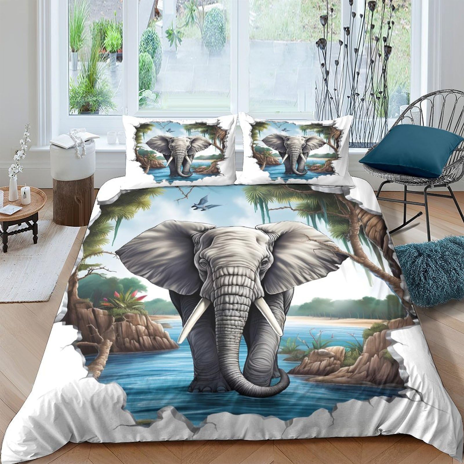 GPLZQXKJNH 3D Printed Elephant Jungle Duvet Cover Set Microfiber Soft Breathable Wildlife River Bedding with 2 Pillowcases for Bedroom Single（135x200cm）