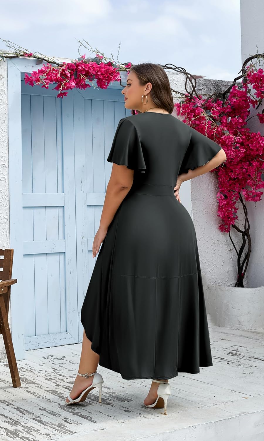 Womens Plus Size Maxi Dress Ruffle Short Sleeve Elegant Wrap V Neck High Low Split Long Dress - Image 3