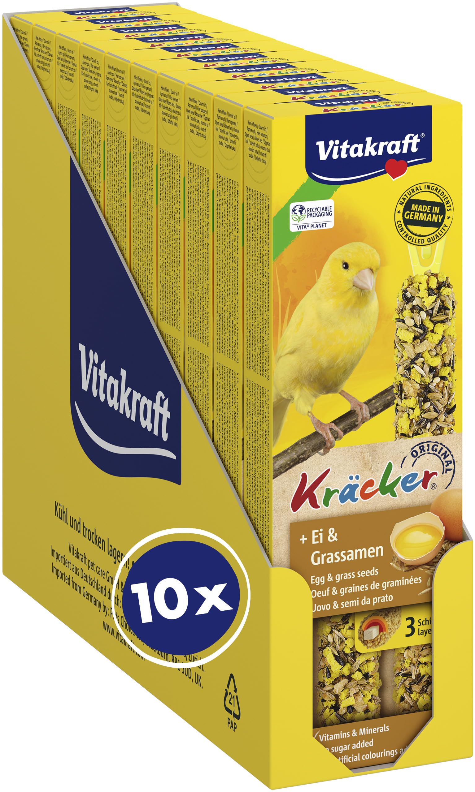 Vitakraft Kräcker, Knabberstangen für Kanarienvögel, mit Ei und Grassamen, mit Vitaminen und Mineralien, für langes Knabbervergnügen, ohne Zusatz von Zucker (10x 54g)