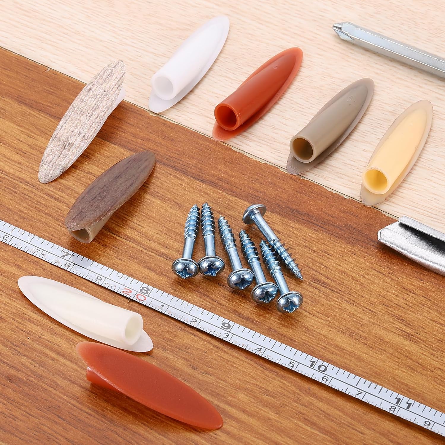 100 x Plastic Plugs for Pocket Holes, 9 mm Angled Hole Cover with Screw Attachment for Drilling Tool Woodworking, Beige Fabric Pattern