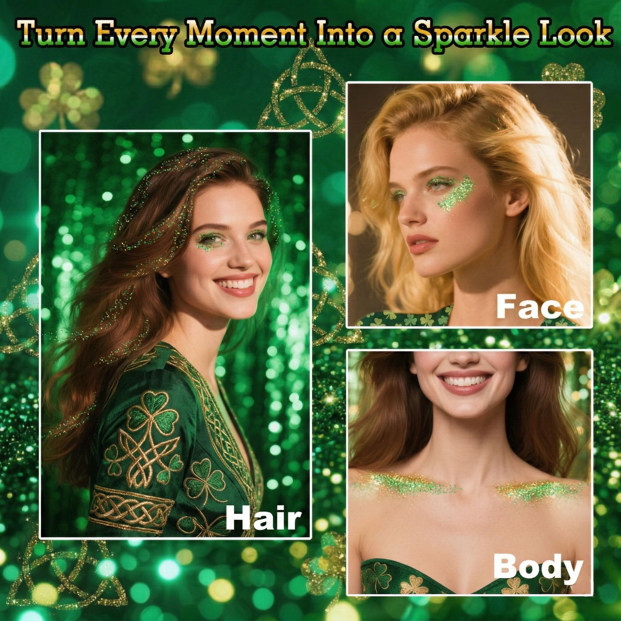 Amazon.com : MEICOLY Green Face Body Glitter,St Patricks Day Chunky Hair  Glitter for Women Kids,Self-Adhesive Holographic Green Accessories Irish  Parade Makeup,Spirit Day Wear,Alien Costume,Festival Rave Outfits : Beauty  & Personal Care