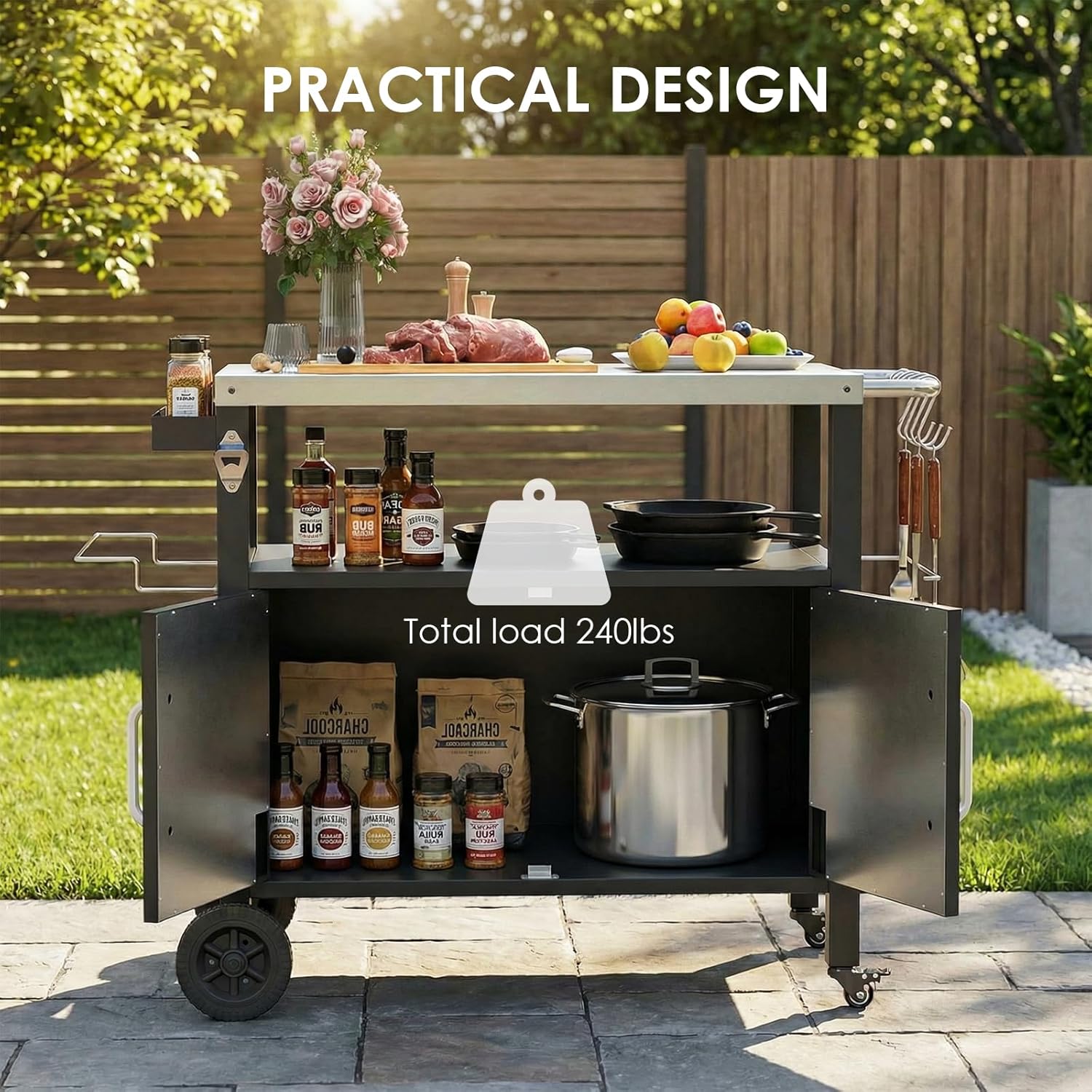 LIFERUN Outdoor Grill Cart with Storage Cabinet, XL Outdoor Kitchen Island with Stainless Steel Top, Outdoor Grill Station with 2 Lockable Wheels and 4 Hooks for BBQ Food Prep & Outside Dining