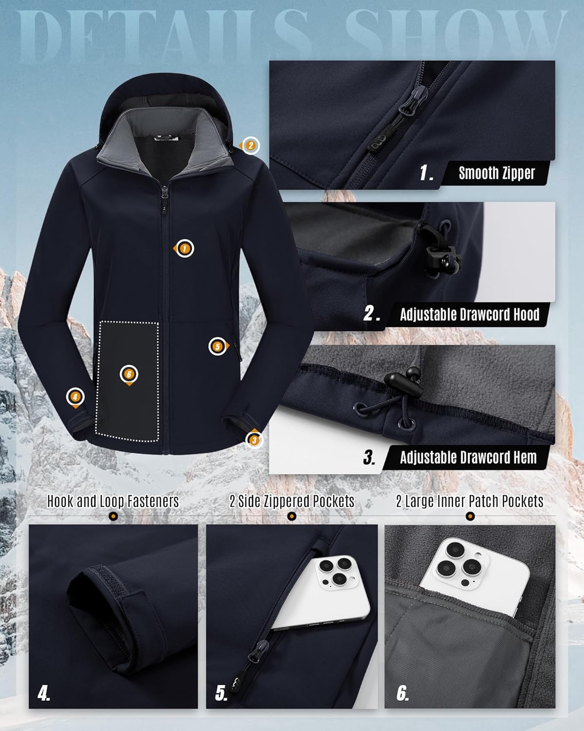 33,000ft Women's Waterproof Softshell Jacket with Removable Hood Lightweight Fleece Lined Warm Insulated Rain Windbreaker - Image 6