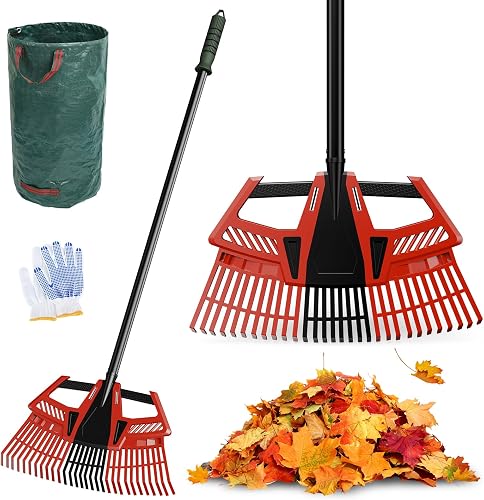 73"/6.1FT Leaf Rake for Garden 3-in-1 Adjustable Height 30 Tine Detachable