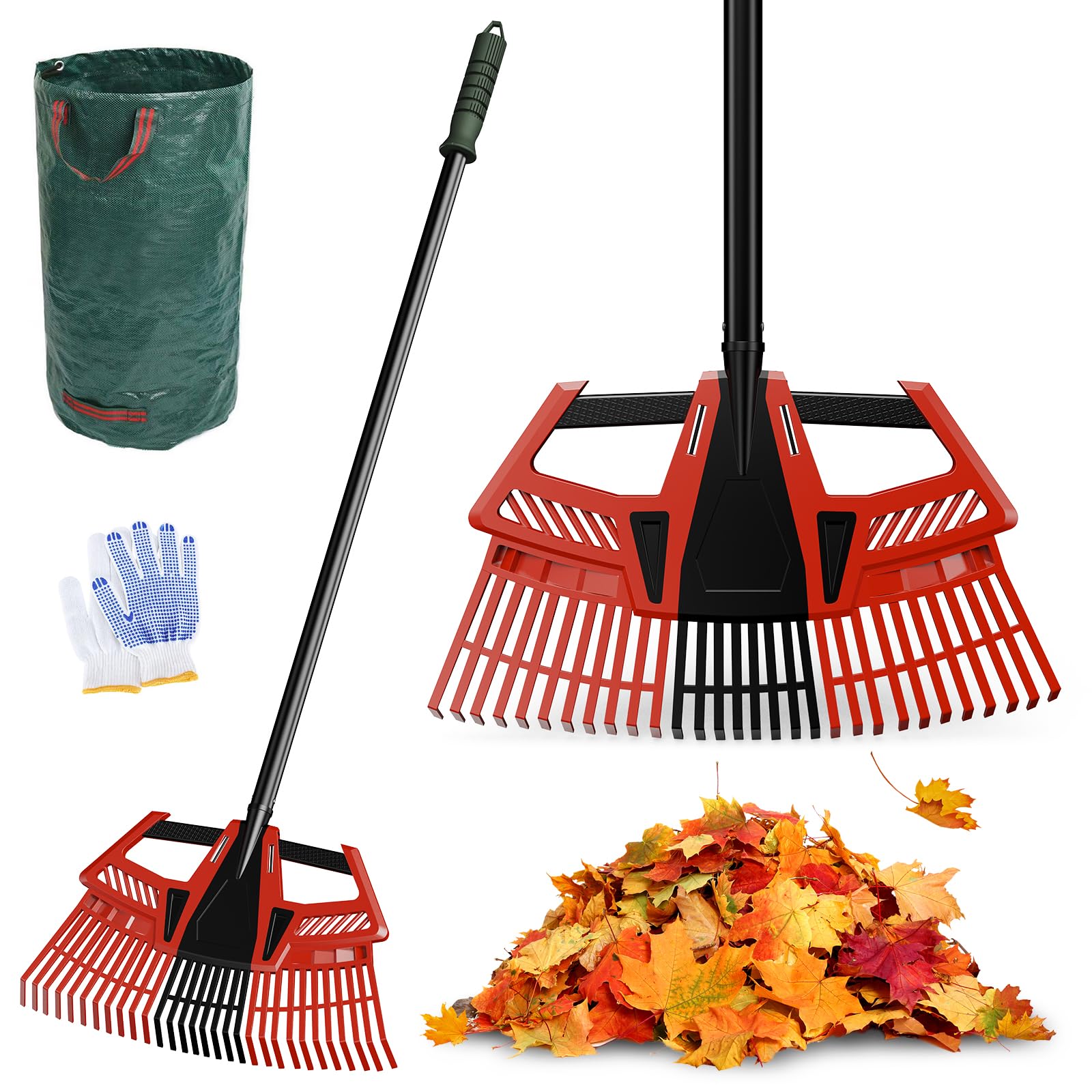 Râteau à Feuilles réglable 3 en 1 avec Manche 185cm, Balai éventail, râteau de Jardin avec Gants et Sac à Feuilles, râteau pour Nettoyer Plantes, pelouse et Cour