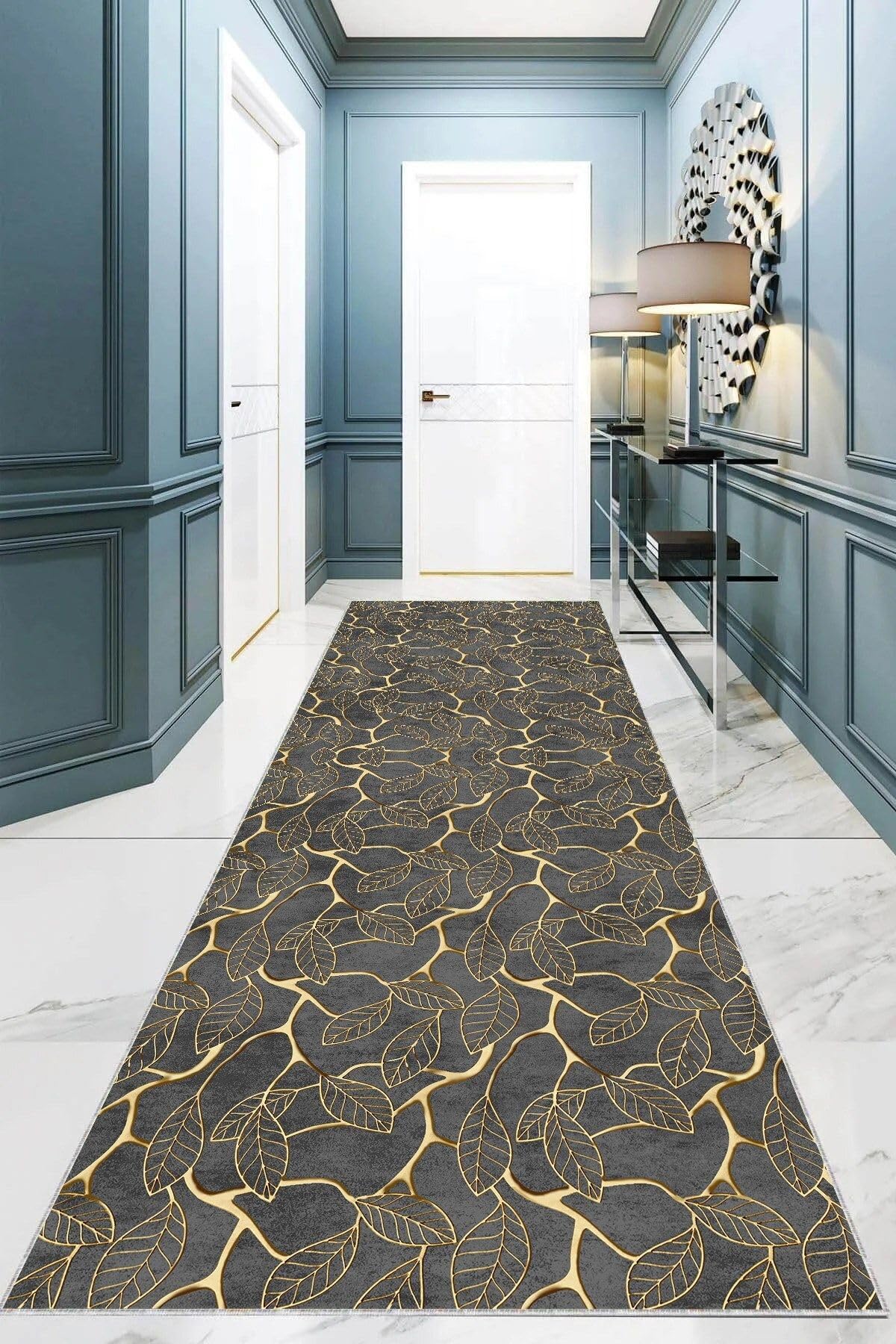 Pelangi Gold Yaprak Desenli Dijital Baskı Yıkanabilir Kaymaz Taban Klasik Salon Halısı Gri, Gri 100 x 200, 95542571002007