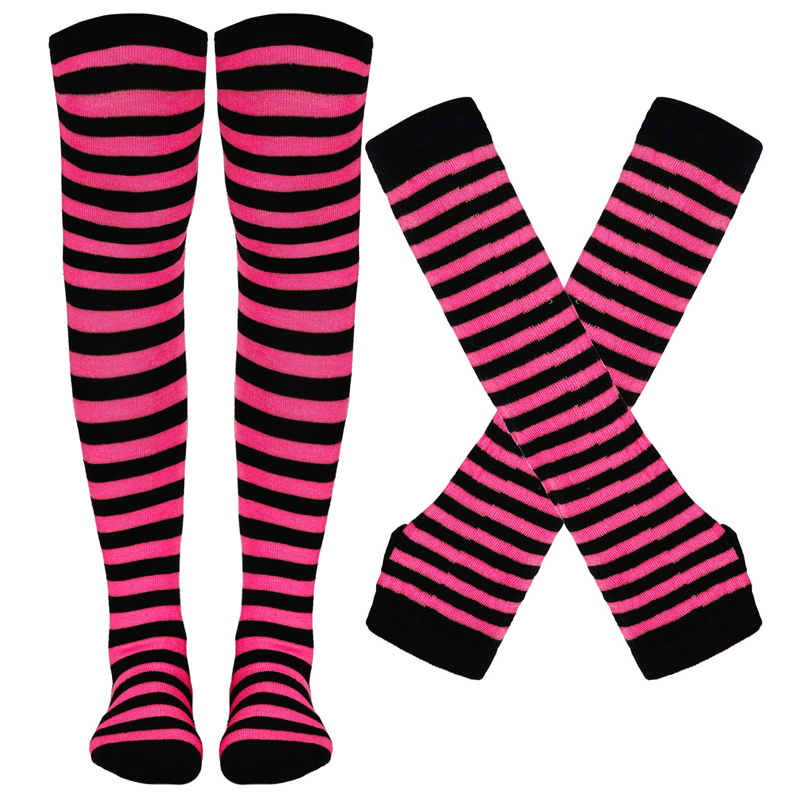 Tongcloud Women's Striped Knee High Socks, Over Knee Thigh High Socks, Arm Warmer and Fingerless Gloves Set