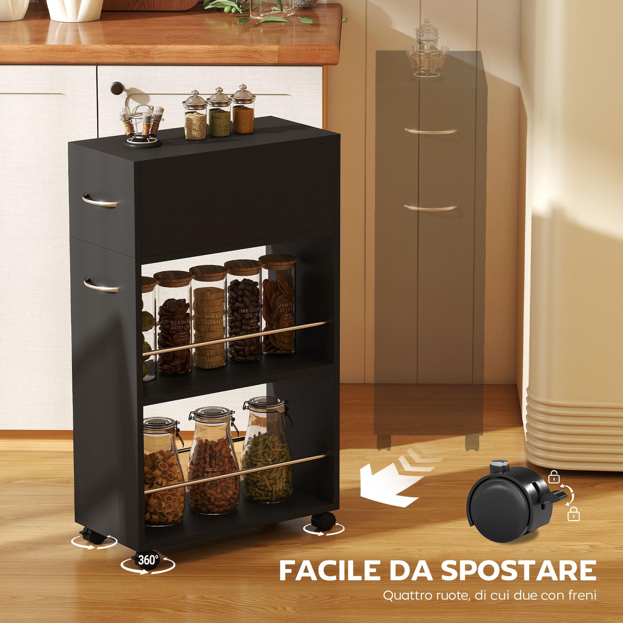 HOMCOM Carrello da Cucina con 2 Ripiani Aperti, Cassetto, Parapetti e Ruote a Freno, Carrello Cucina Salvaspazio Portaoggetti in Truciolato e Acciaio Inox, per Bagno, Soggiorno, 25x50x85 cm, Nero