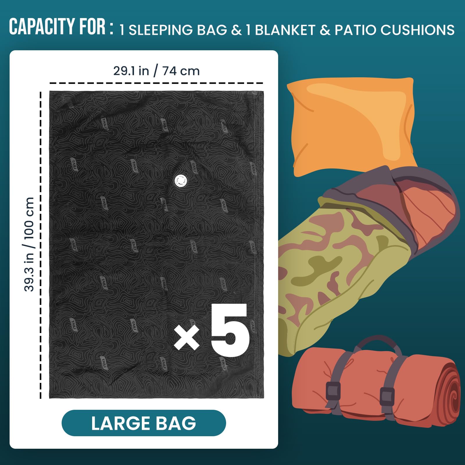 TAILI Vacuüm opbergzakken voor buiten, 4 stuks, jumbo, 100 x 74 cm, scheurbestendige reisstofzuigerzakken, herbruikbare compressiezakken voor reizen, kleding, kamperen, waterdicht, slijtvast