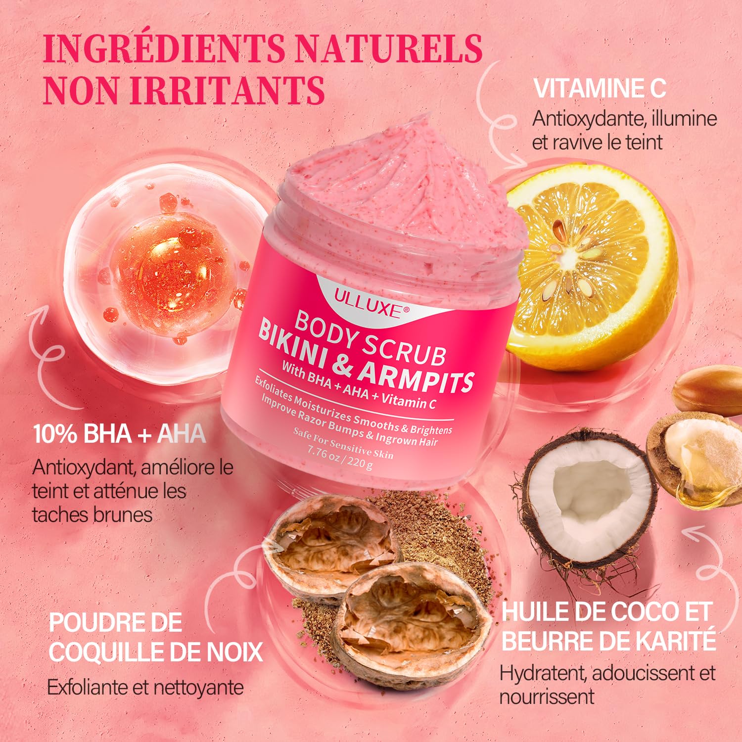 Gommage exfoliant pour le maillot avec 10% AHA + BHA et vitamine C, exfoliant pour le corps, élimine les poils incarnés, les boutons sous les aisselles, les taches brunes et unifie le teint, 200g