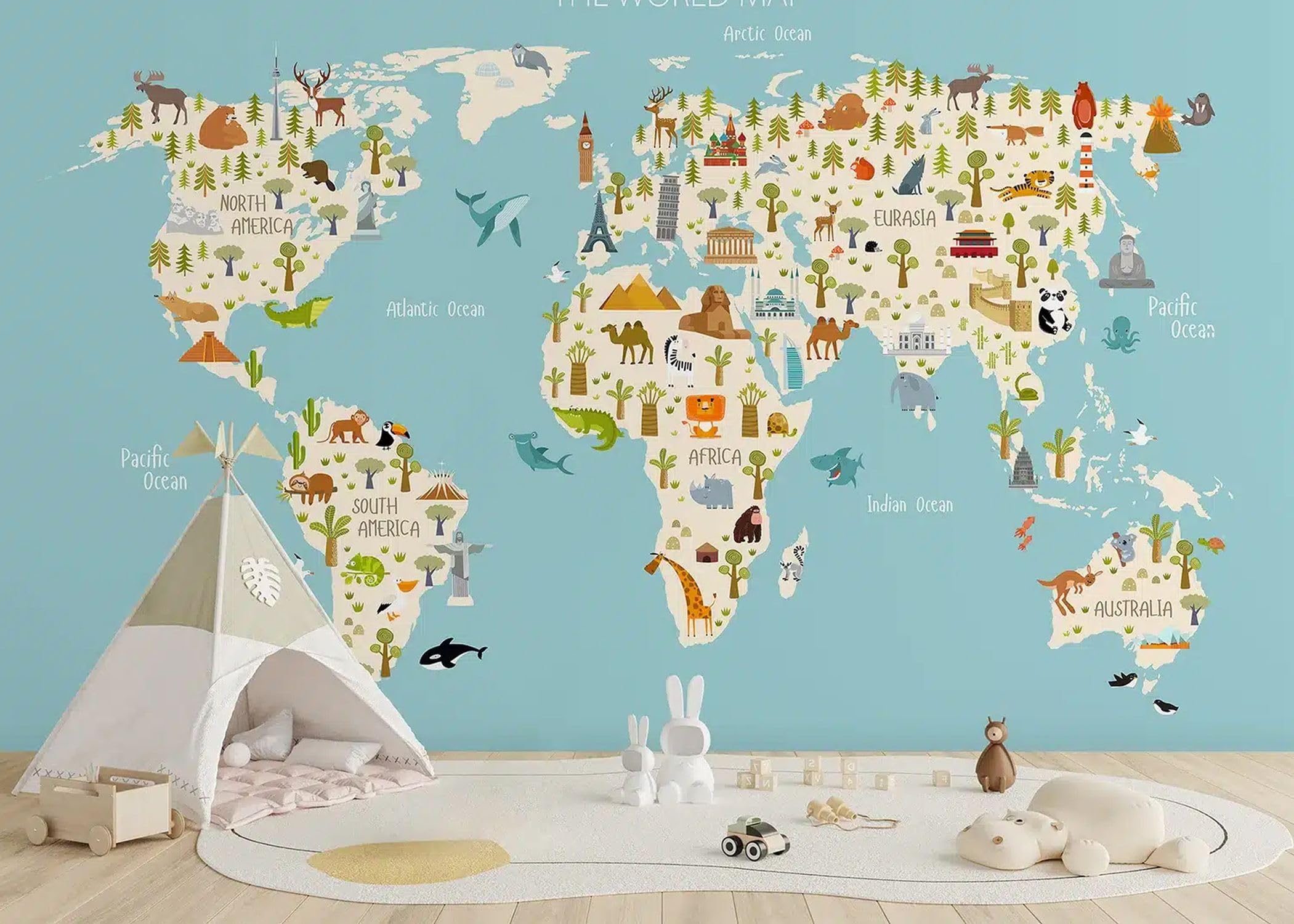 Sanders & Sanders fototapeta mapa świata dla dzieci niebieskimIwielokolorowym 375 x 270 cm