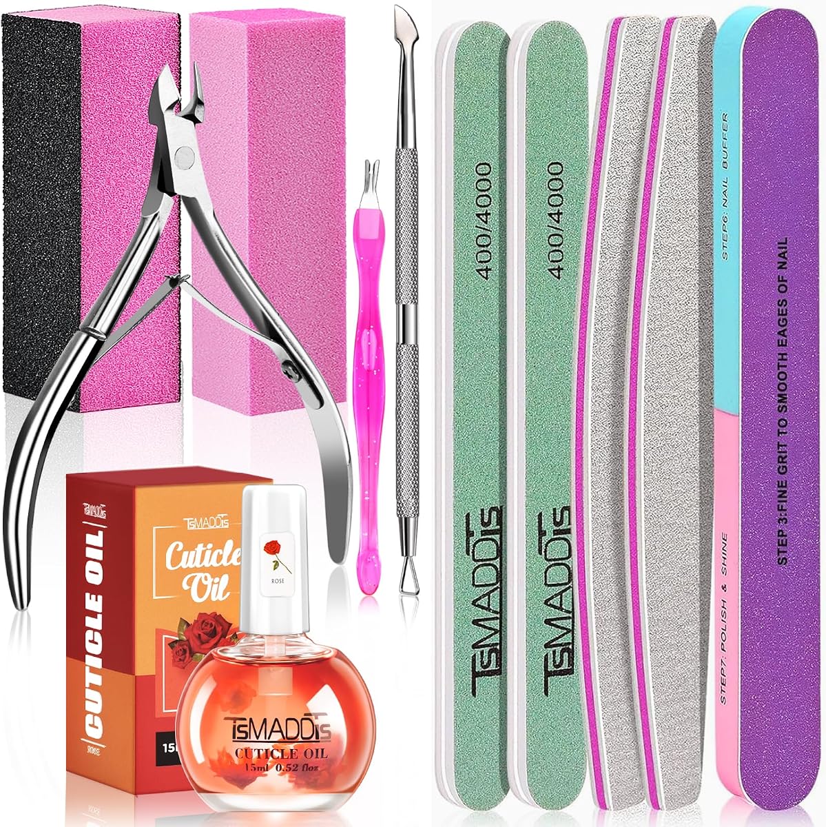 Manicure Tools Kit Nail Care Kit with 3 pcs Files, 2 pcs Buffer Blocks, 2 Polishing Buffers, Cuticle Nipper, Pusher and Cuticle Oil