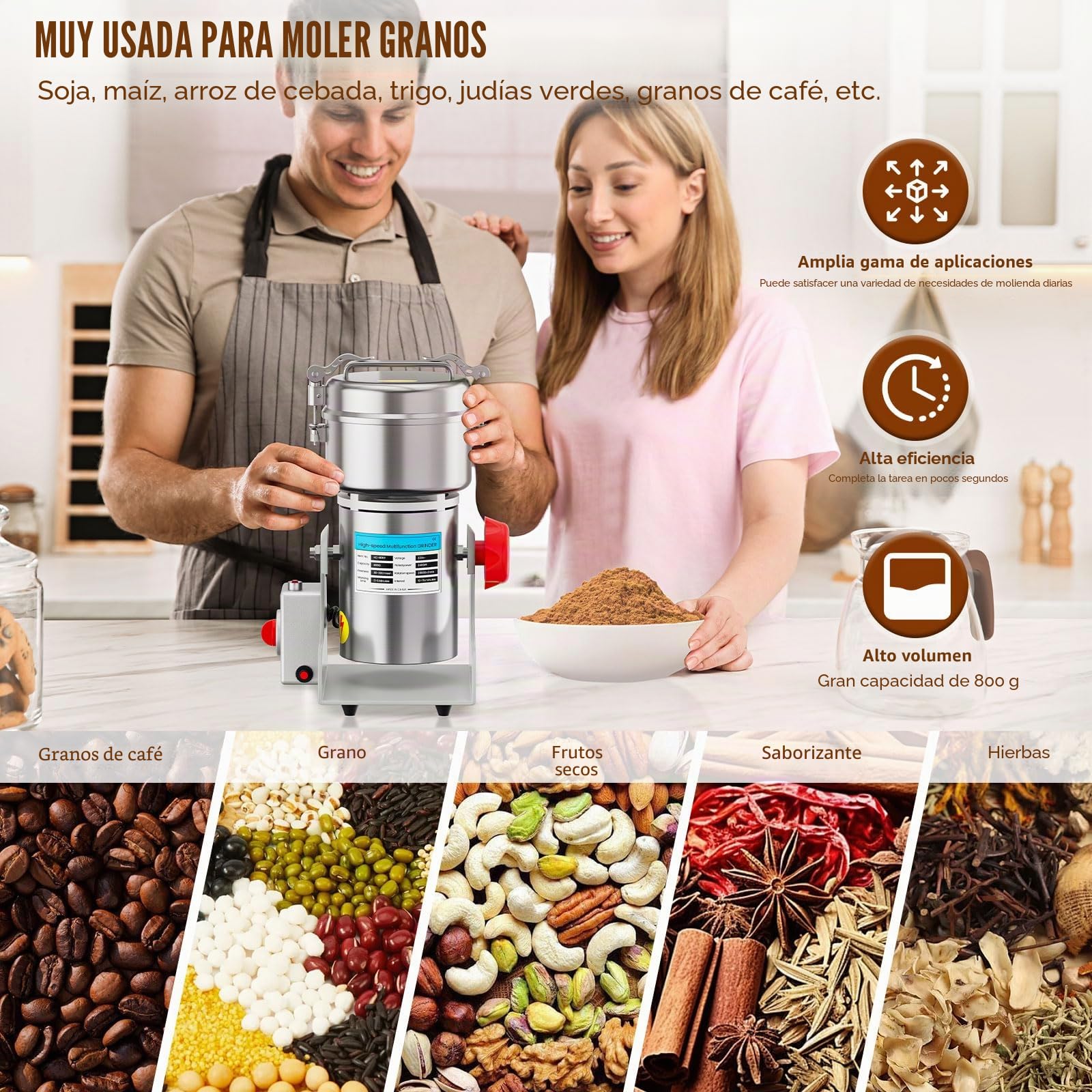 Molino de grano eléctrico de 800 g, trituradora de granos de 2400 W de alta velocidad, máquina de polvo comercial con protección contra sobrecarga para cereales secos, arroz, granos de maíz