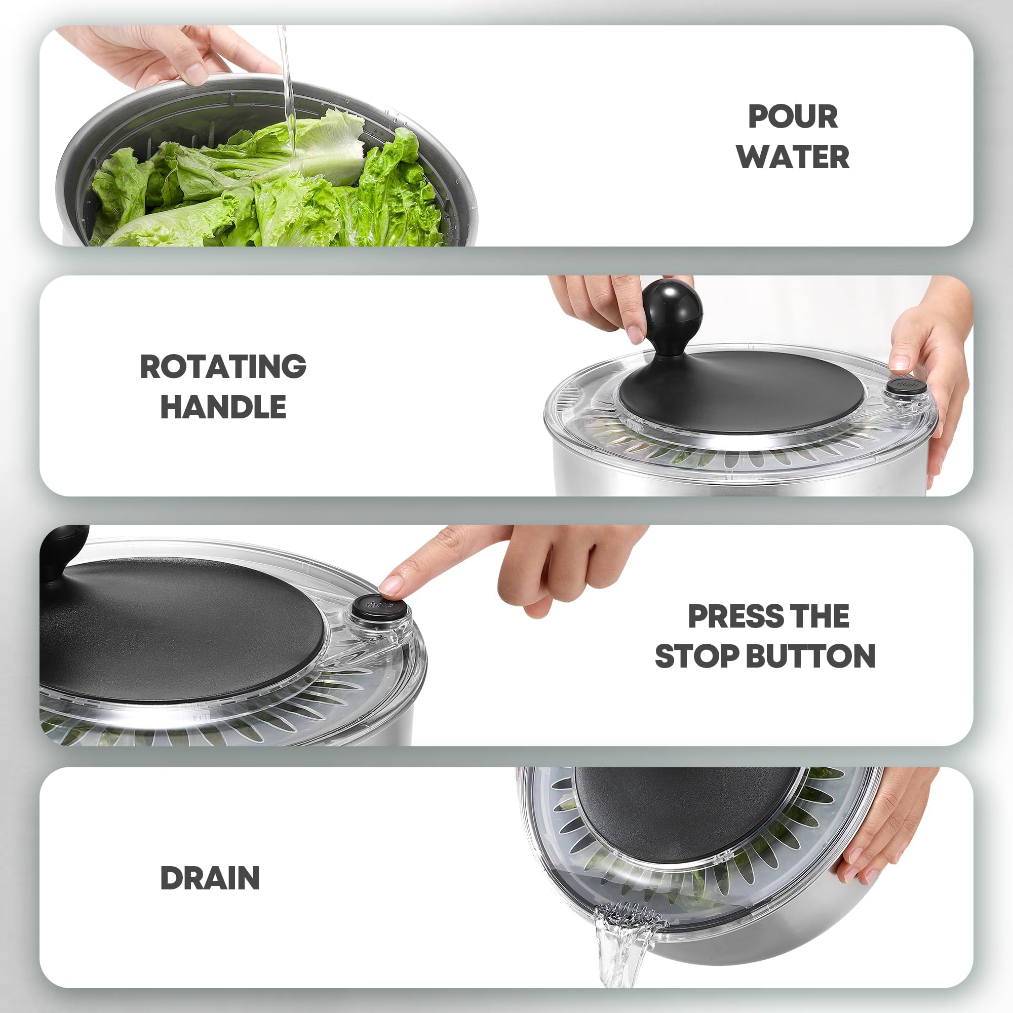 SveBake 5L Salad Spinner in Acciaio Inox con Pulsante di Arresto, Centrifuga per Verdure Senza BPA, Coperchio Trasparente e Foro di Scolo, Fondo Antiscivolo, Salad Spinner Lavabile in Lavastoviglie