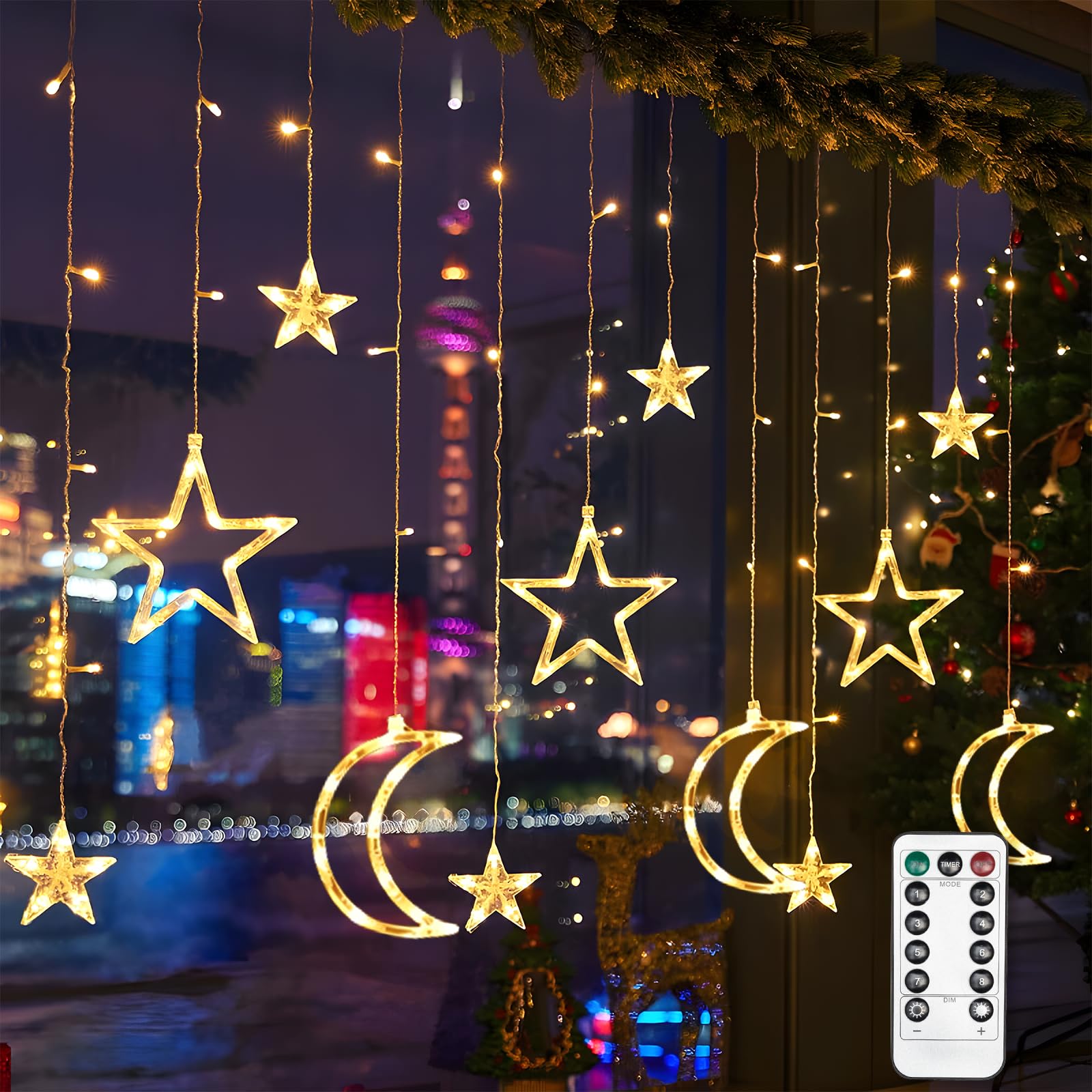 Aigostar luces de cortina de Navidad con estrellas y lunas, 3M*3M*0.6M, 8 Modos Cadena de Luces con Remoto, 120 LED, temporizador, Resistente al Agua, para exterior y Interior, decoracion navidad
