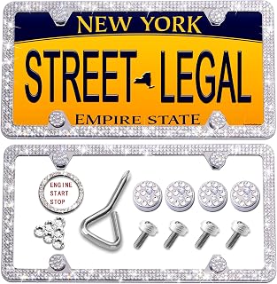 Newzon 4 Holes Rhinestone License Plate Frames Slim Stainless Steel Polish Mirror License Plate Frame 2 PCS Car Licence Plate Covers White Bling Front Back Holders Frames