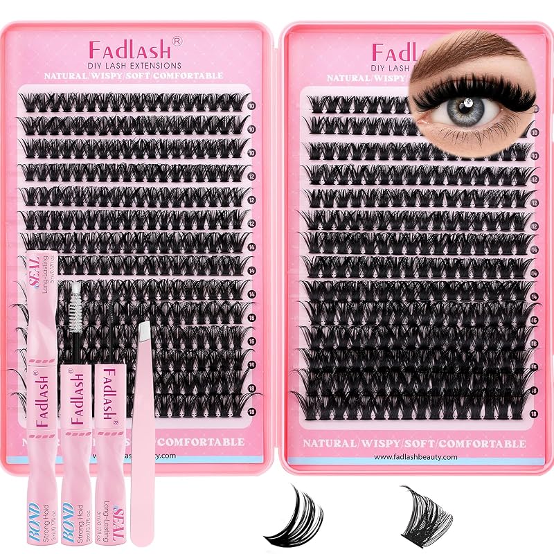 FADLASH Kit de Cílios em Tufo D-Curl 60D+80D de 10–18 mm com Bond, Seal e Pinça