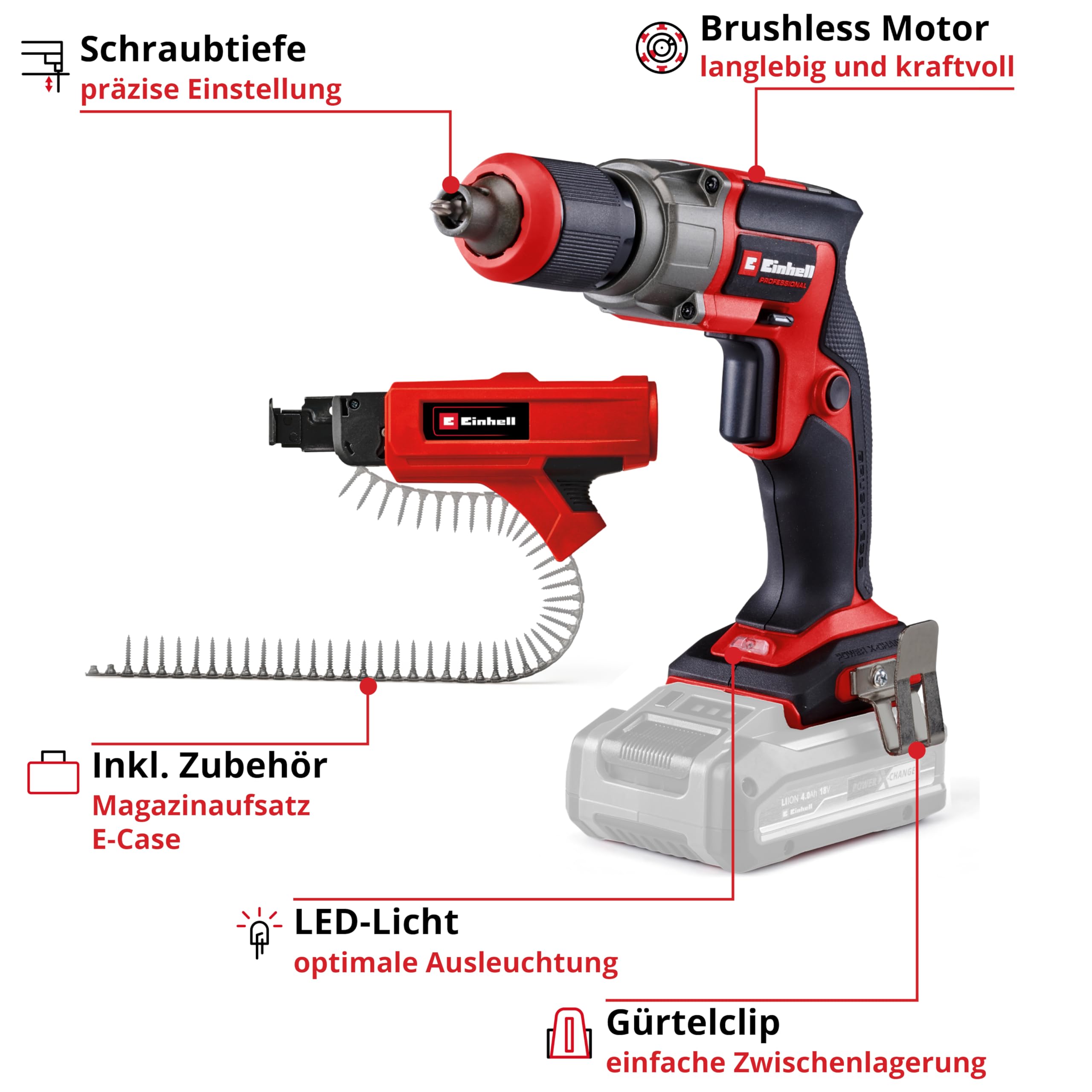 Einhell Professional Akku-Trockenbauschrauber TP-DY 18 Li BL + Magazine Power X-Change (18 V, Brushless, Tiefenanschlag, inkl. Magazinaufsatz, 2x Bit, E-Case, ohne Akku) Battery Powered, red