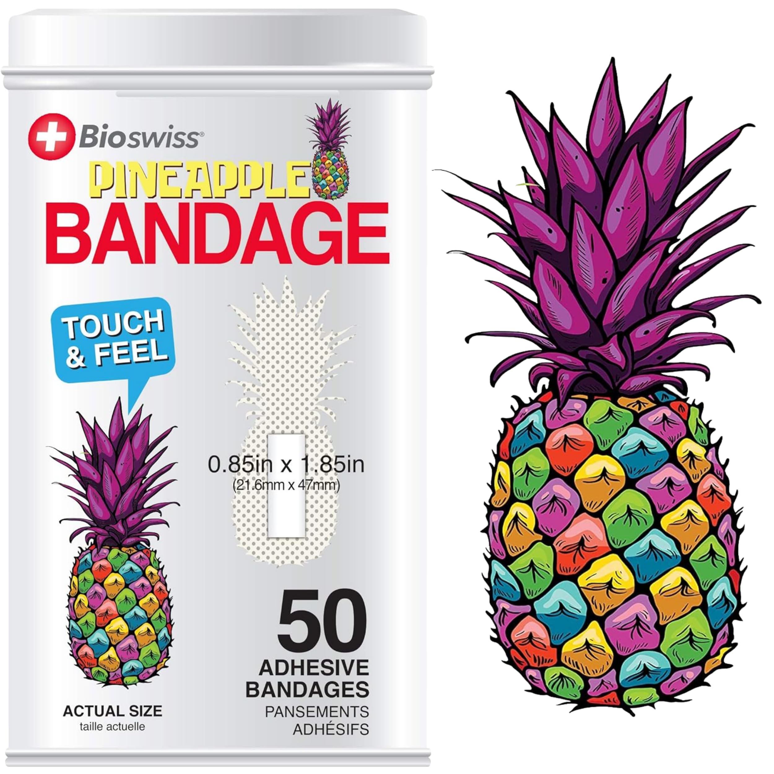 BioSwiss Bandages, Funky Pineapple Shaped Self Adhesive Bandage Set, Latex Free, Sterile Wound Care, 50 Count