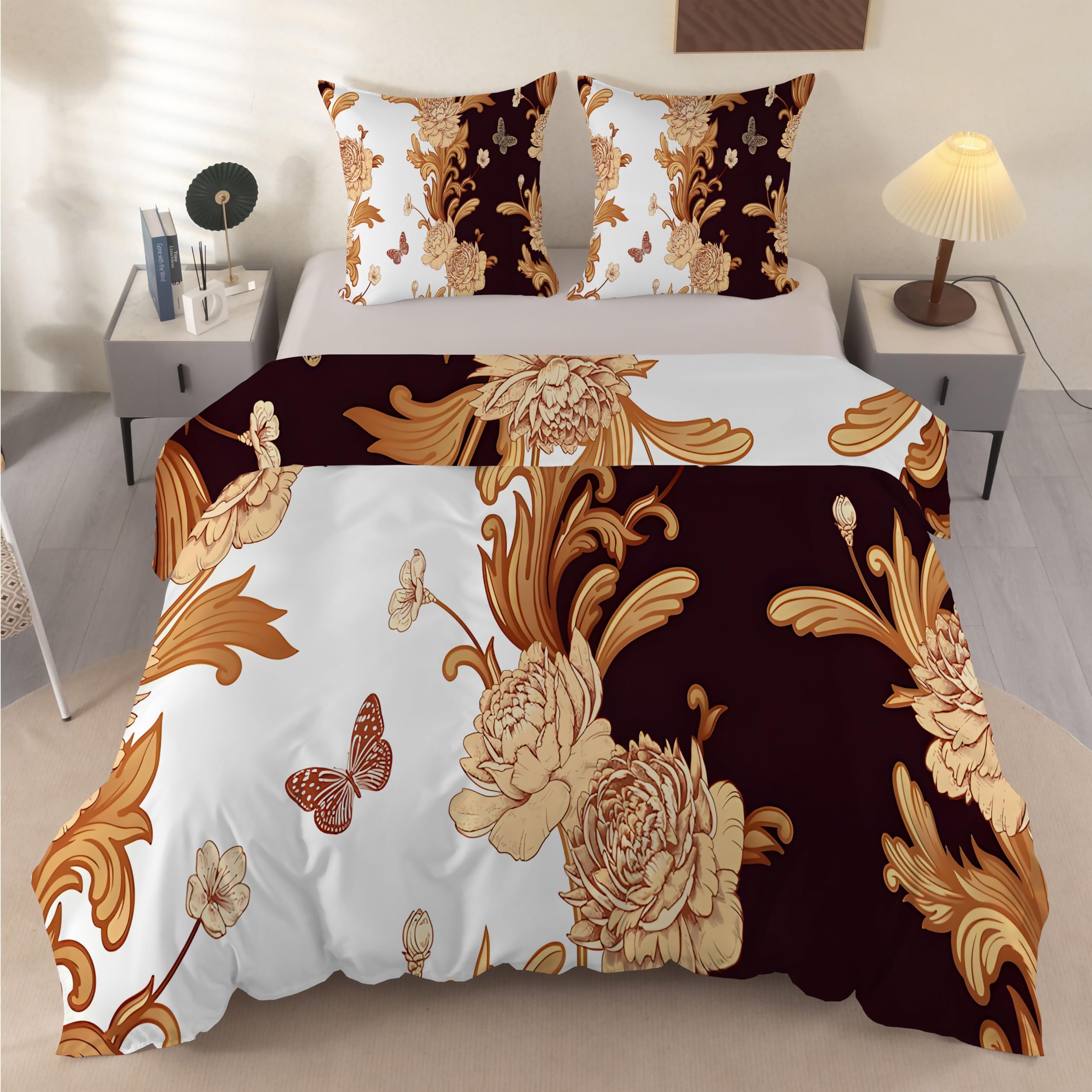 Housse de couette 240x260 sans repassage en microfibre anti-plis style floral papillon