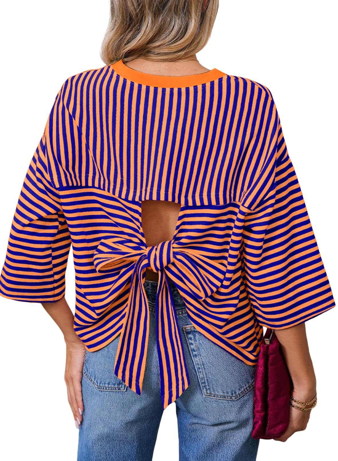 Dokotoo Womens Tops 2026 Striped Tie Back Short Sleeve T Shirts Crewneck Casual Loose Basic Tee Summer Outfits — view 16