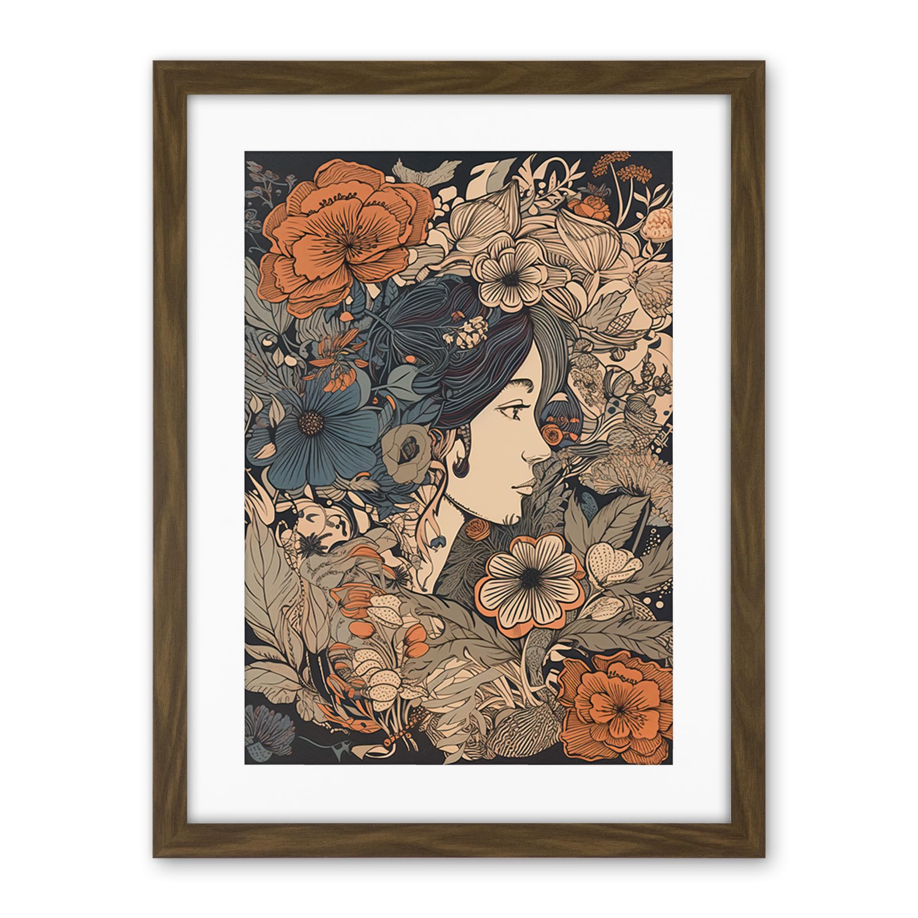 Artery8 Woman Floral Profile Portrait Boho Art Nouveau Artwork Framed Wall Art Print 18X24 Inch