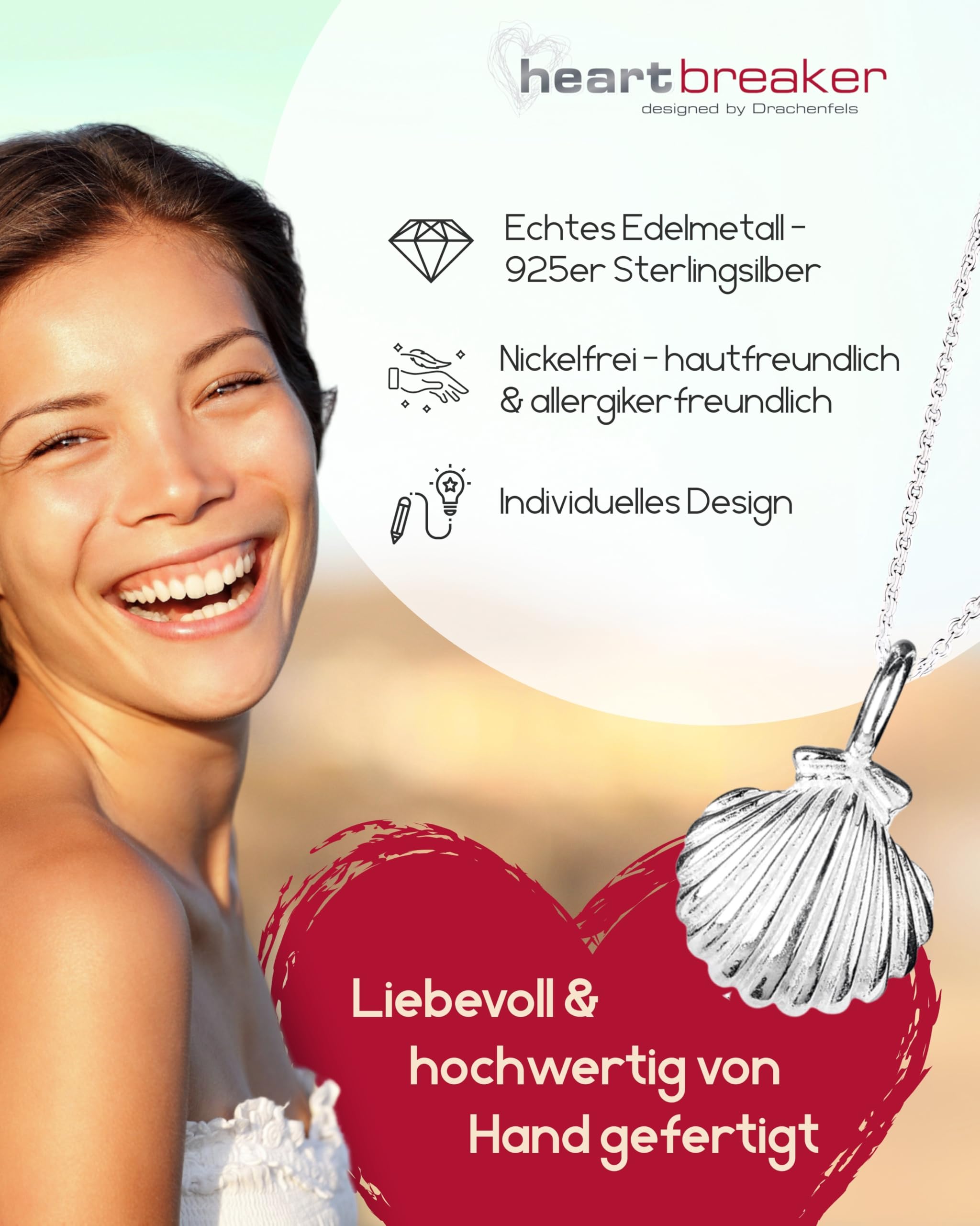 Heartbreaker "Sealife" Muschel-Anhänger klein I Edler Muschelanhänger aus 925 Sterling Silber I Nickelfreier Kettenanhänger in Goldschmiedequalität I Hochwertiger Anhänger für Damen I LD SL 38