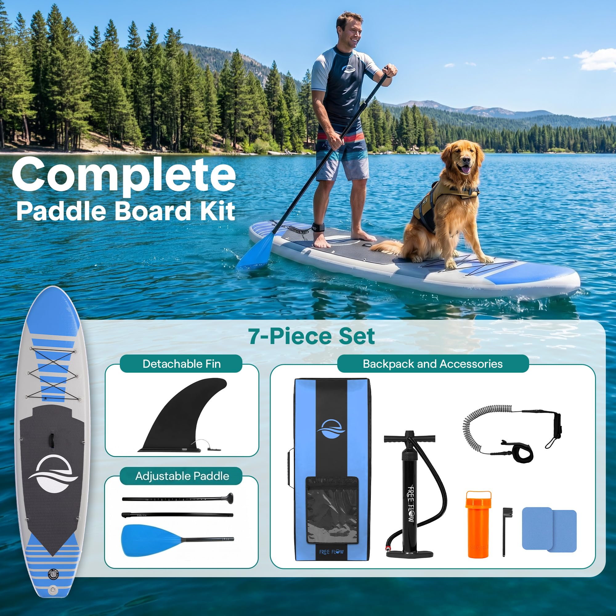 SereneLife Deska do wiosłowania Opblaasbaar Stand Up (15 cm Dik) stawia Premium SUP Akcesoria & Draagtas, stojak Brede, Bodemvin voor Peddelen, Surfcontrole, Antislip Dek, Jeugd & Volwassen