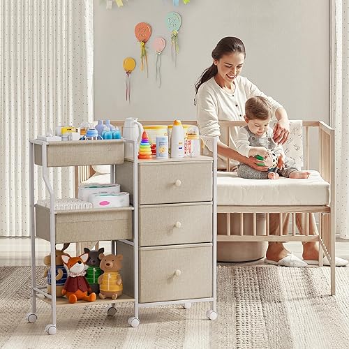 Miniatura 3 de Organizador y almacenamiento para bebés, carrito rodante de 3 niveles con separadores y cajones, fácil de montar, carrito móvil con ruedas para