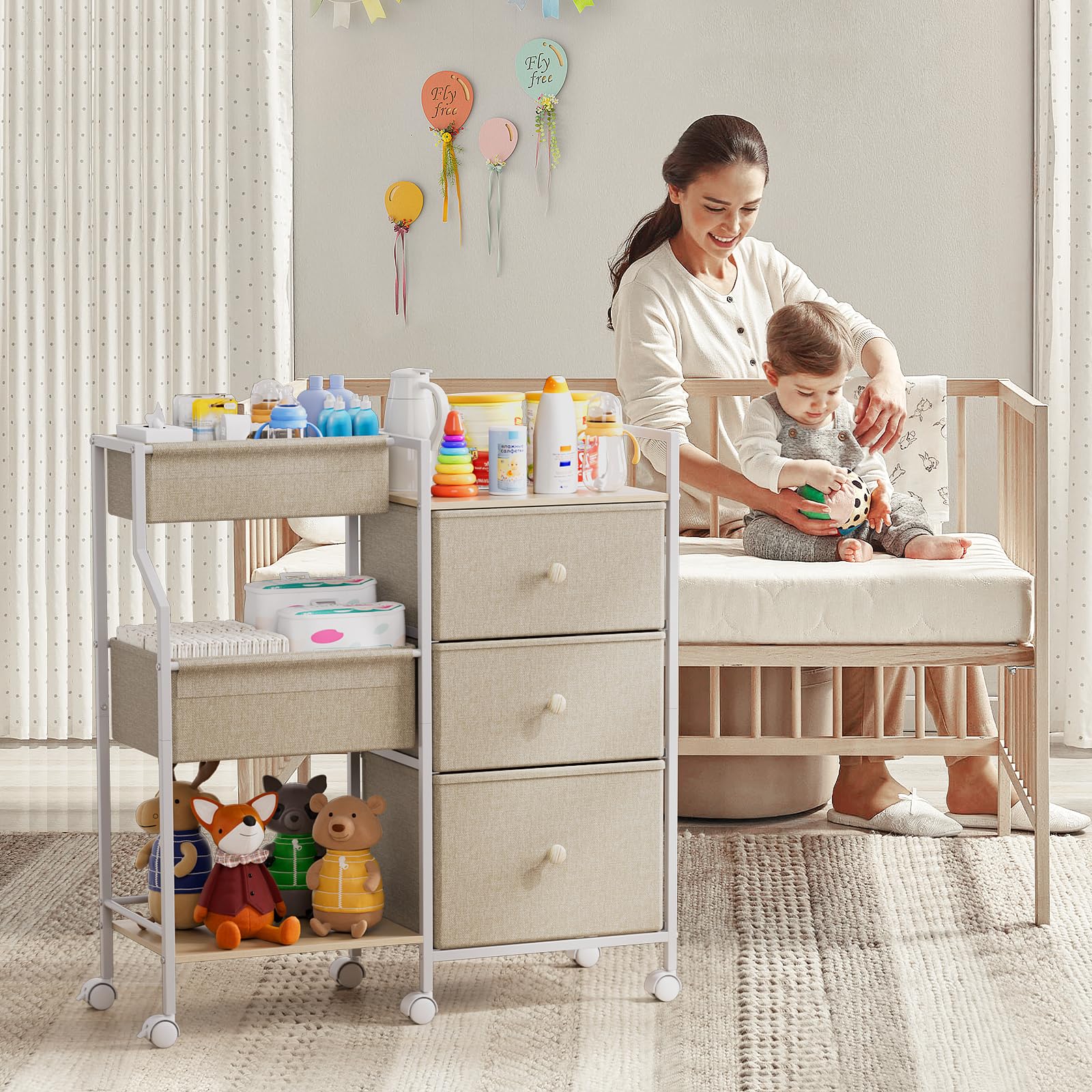 Organizador y almacenamiento para bebés, carrito rodante de 3 niveles con separadores y cajones, fácil de montar, carrito móvil con ruedas para guardería, dormitorio, cambiador y cuna, blanco 3