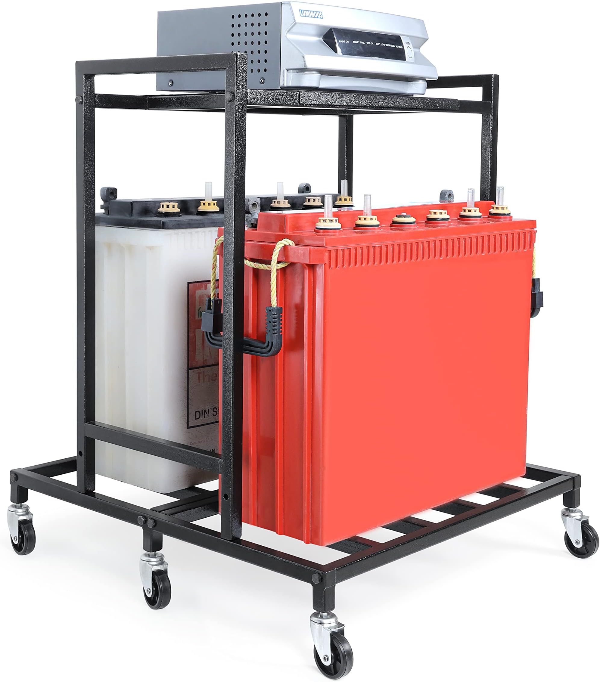 2-Tier Ups Stand for Double Battery & Inverter for Home & Office - Double Battery Metal Inverter Trolley with 6 Sturdy 360ยฐ Metal Caster Wheels - Double Battery Stand Inverter w/h Shelf - Hold 100Kg+