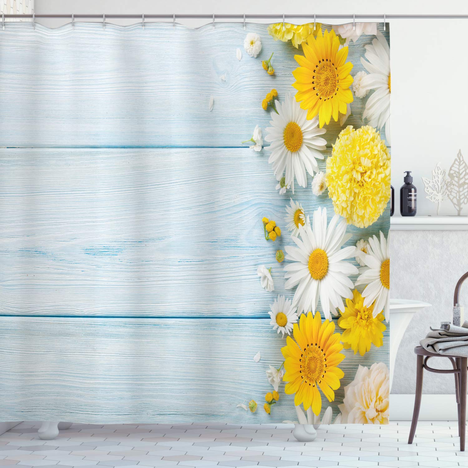 ABAKUHAUS Tenda Da Doccia Con Fiori Gialli E Tulipani – Tessuto 175x240 Cm, Set Con Ganci, Decorazione Bagno Stampa Digitale - 5