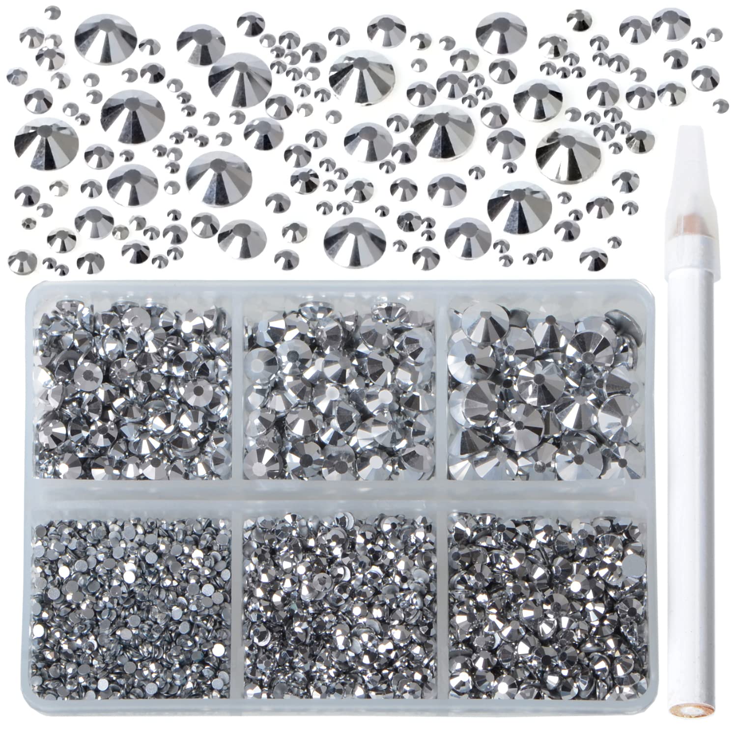 Bymitel 5000 Pieces 6 Mixed Sizes Glue Fix on Glass Rhinestones Round Crystal Gems Flatback for DIY Jewelry Making with one Picking Pen(6-Sizes 5000PCS, Labrdor)
