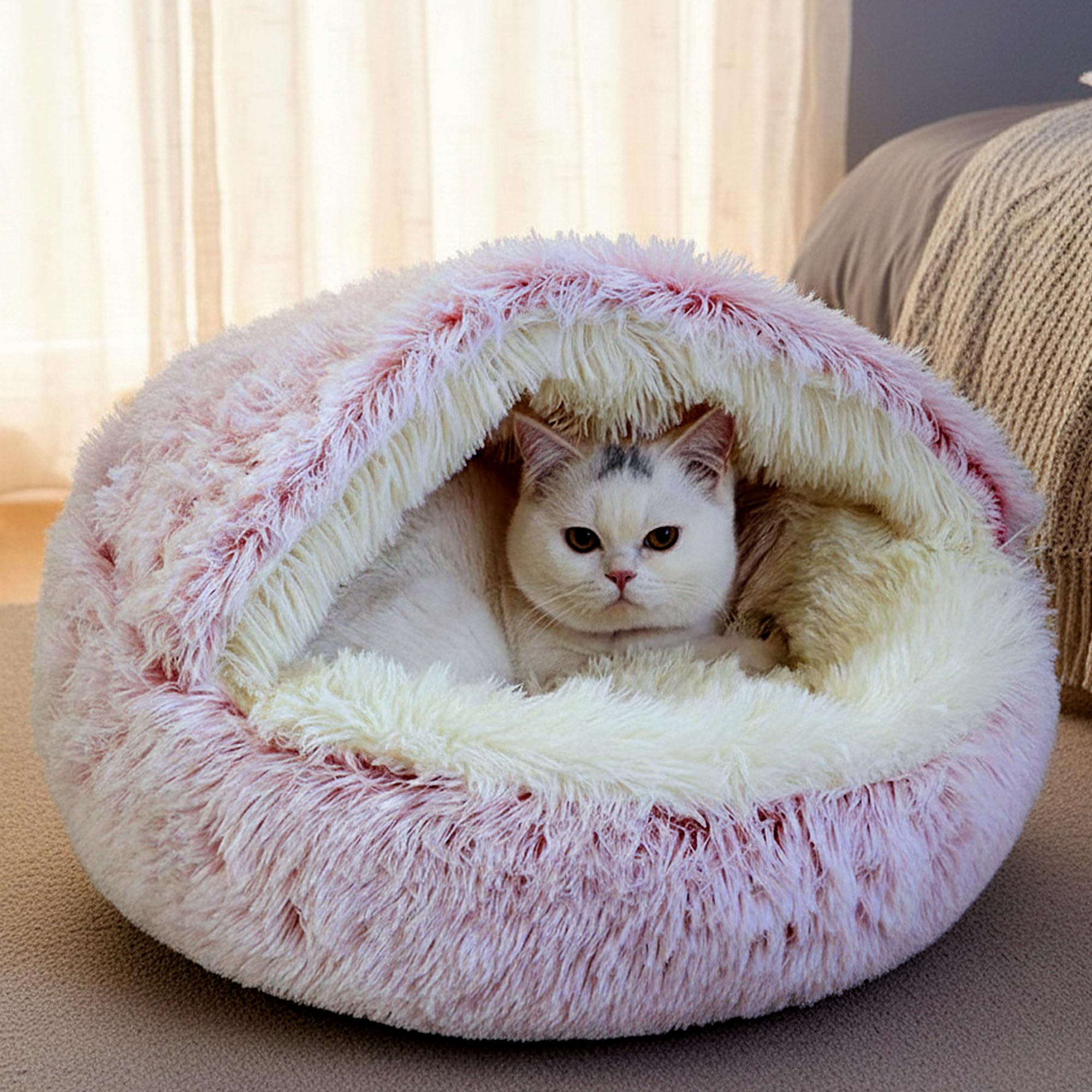 JupiterJX Round Cat Bed Fluffy Pet Beds Indoor Cat Cave Hooded Bed, Non-Slip Bottom Washable Removeable Plush Cover, Kitten, Cats, Dogs Sleeping Cushion Beds (Pink, 80cm) — image 1