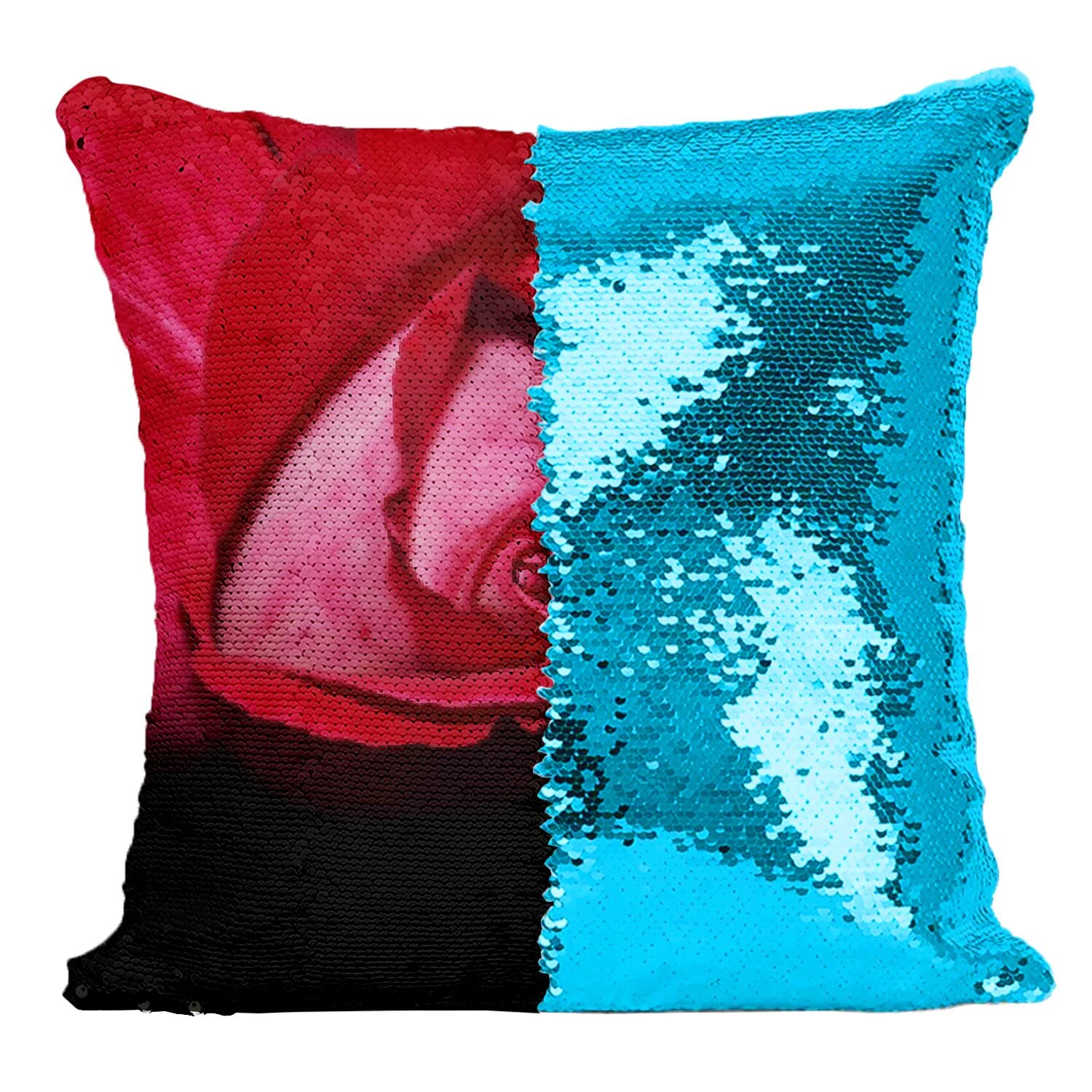 Coussin sequin de qualité motif fleur turquoise et rose sur fond vert