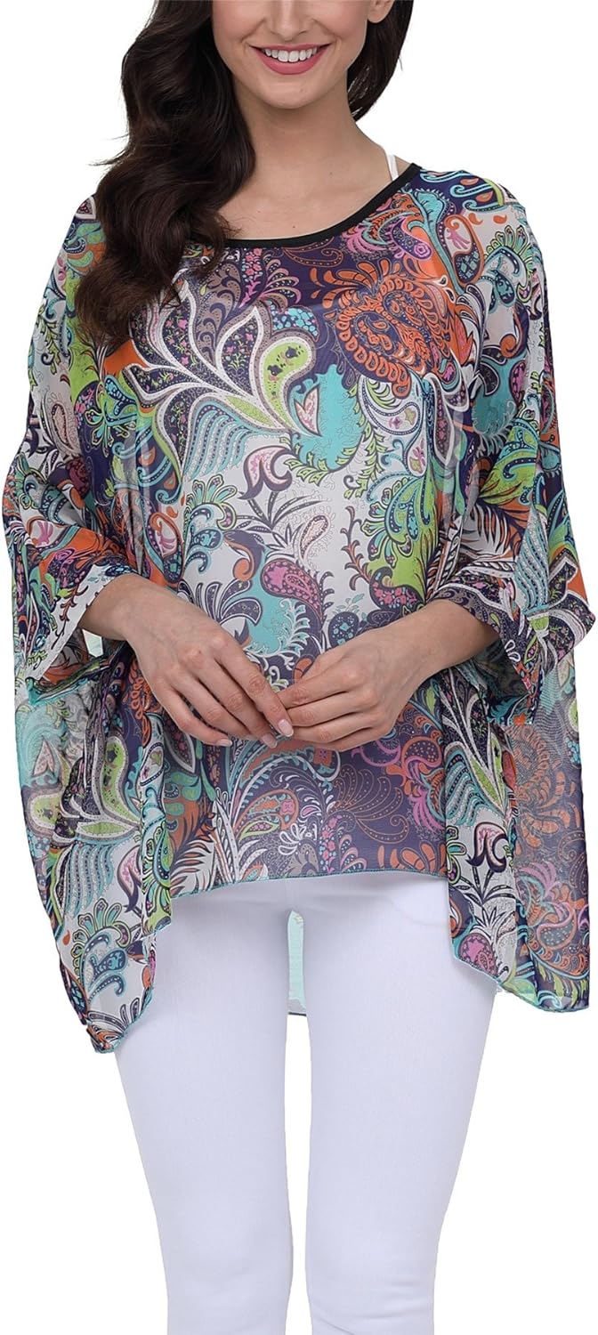 Plus Size Floral Chiffon Batwing Sleeve Tunic Blouse Boho Off-Shoulder Beach Cover Up Loose Summer Tops for Women - Image 2