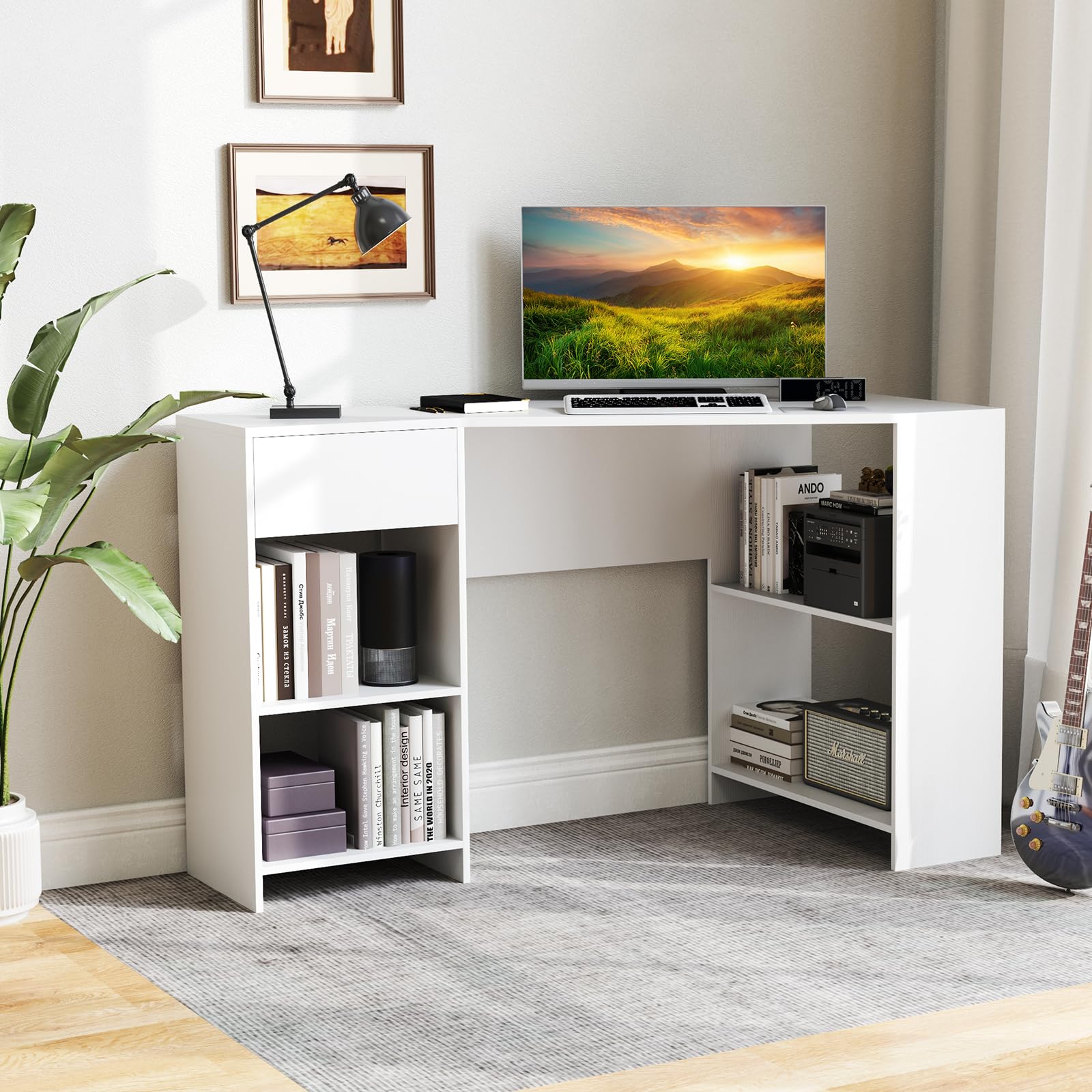 COSTWAY Scrivania ad Angolo per Computer 120 x 60 cm, Scrivania a Forma di L con Ripiani e Cassetto, Scrivania Angolare Gaming Salvaspazio per Ufficio, Studio e Cameretta, Bianco