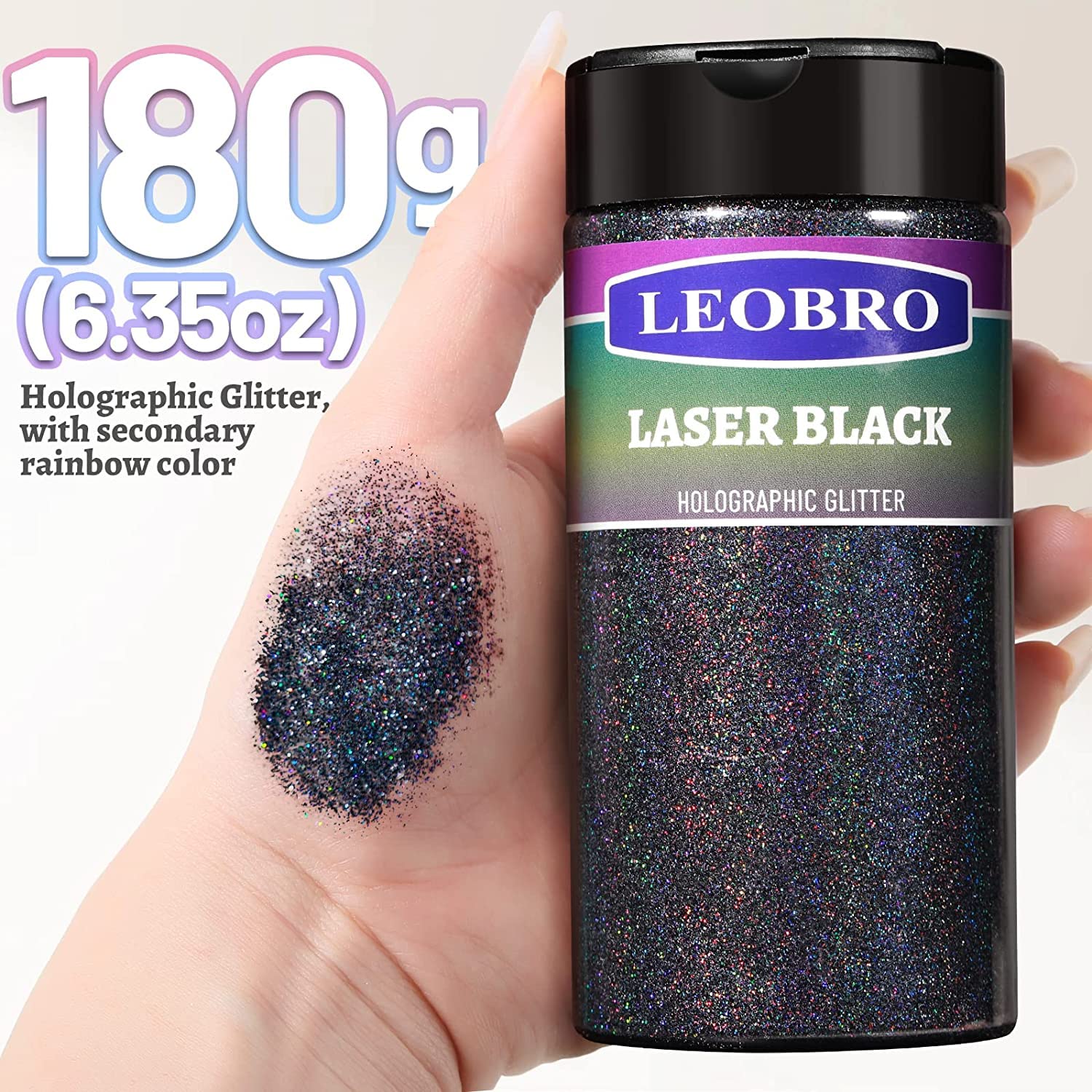 Glitter ultra fine olografico da 180 g, in resina glitterata da 0,3 cm, per capelli, viso, corpo, unghie, LEOBRO metallizzato, iridescente, per bicchieri, artigianato, nero