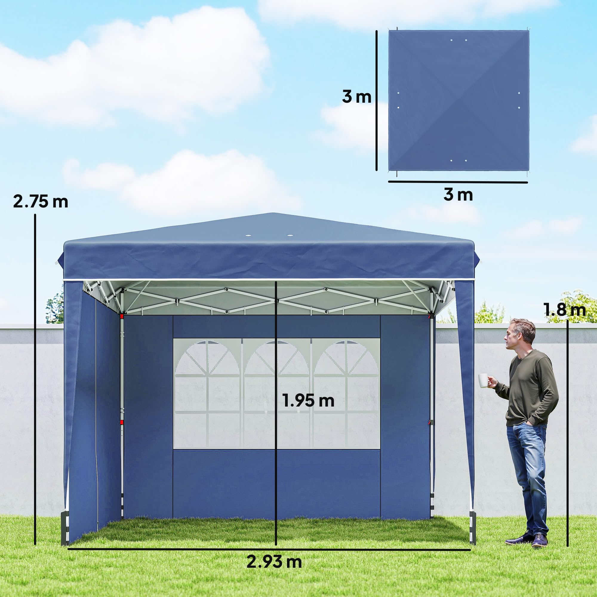 Outsunny Gazebo 3x3m Pieghevole Pop Up Altezza Regolabile, Gazebo da Giardino con Pareti Laterali, UV50+, Blu Scuro