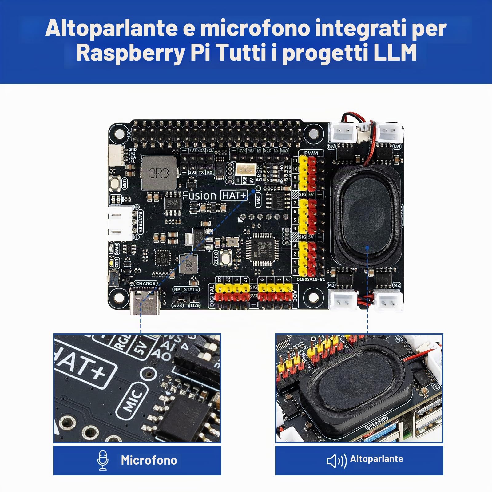 SunFounder Fusion HAT+ scheda di espansione per Raspberry Pi5/4/3B+/Zero 2W,batteria ricaricabile,4 driver motori DC, 12 servo PWM,ADC,altoparlante e microfono,compatibile con AI LLMs(ChatGPT/Gemini)