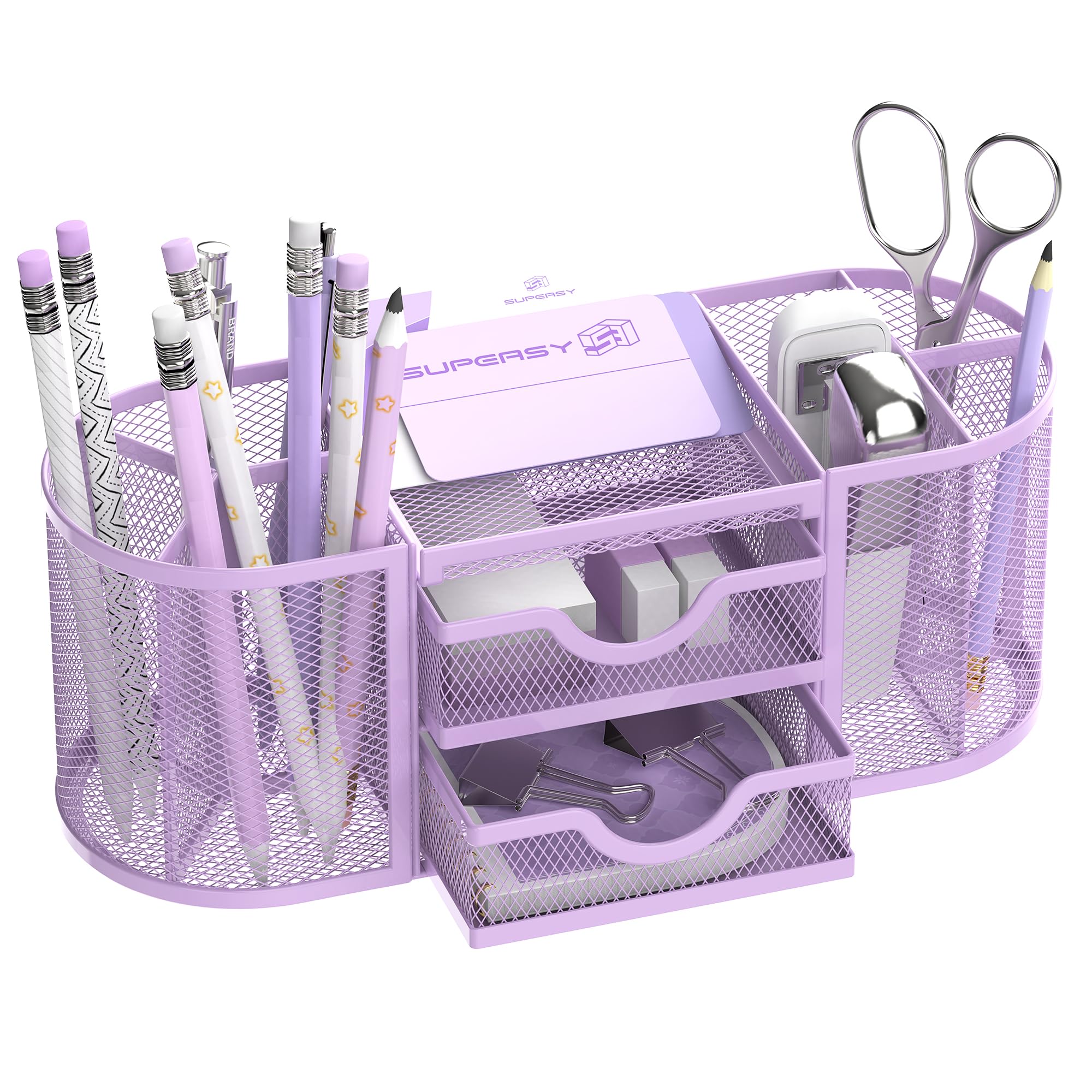 SUPEASY Mesh Desk Organizer, Desk Organizers and Accessories with Drawers, Pen Holder for Desk with 2 Drawers with 9 Compartments for Office Supplies,